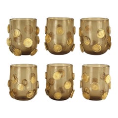 Juego de 6 vasos artísticos de cristal ahumado de Murano hechos a mano con detalles dorados by Multiforme
