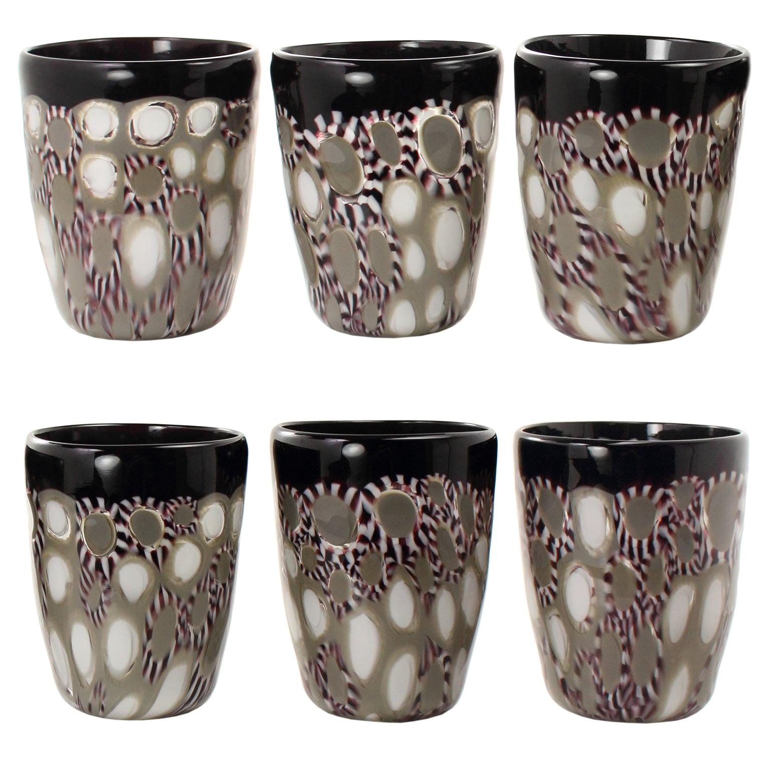 Ensemble de 6 verres artistiques faits à la main en verre blanc et noir de Murano par Multiforme