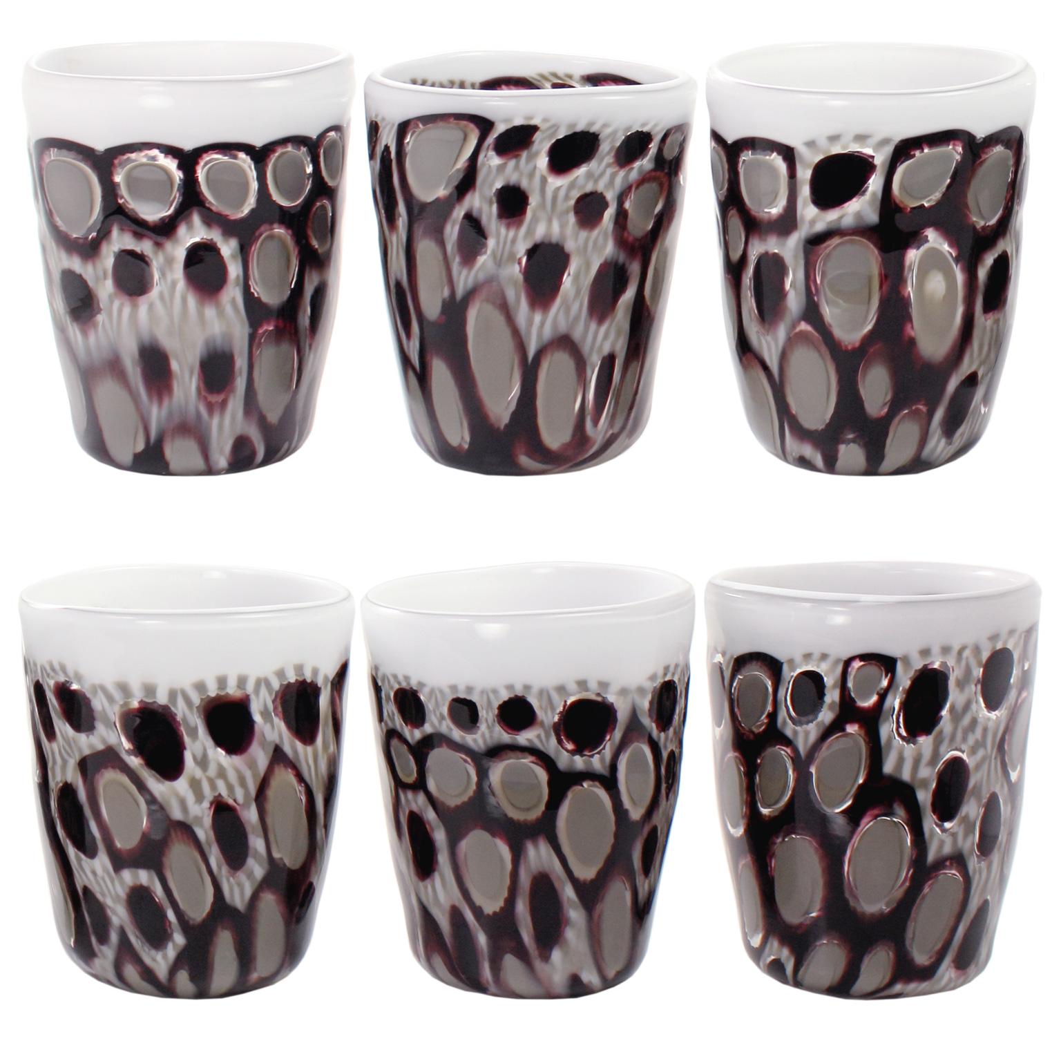 Blown Glass Set of 6 Artistic Handmade Glasses Murano White Black Grey Glass by Multiforme For Sale