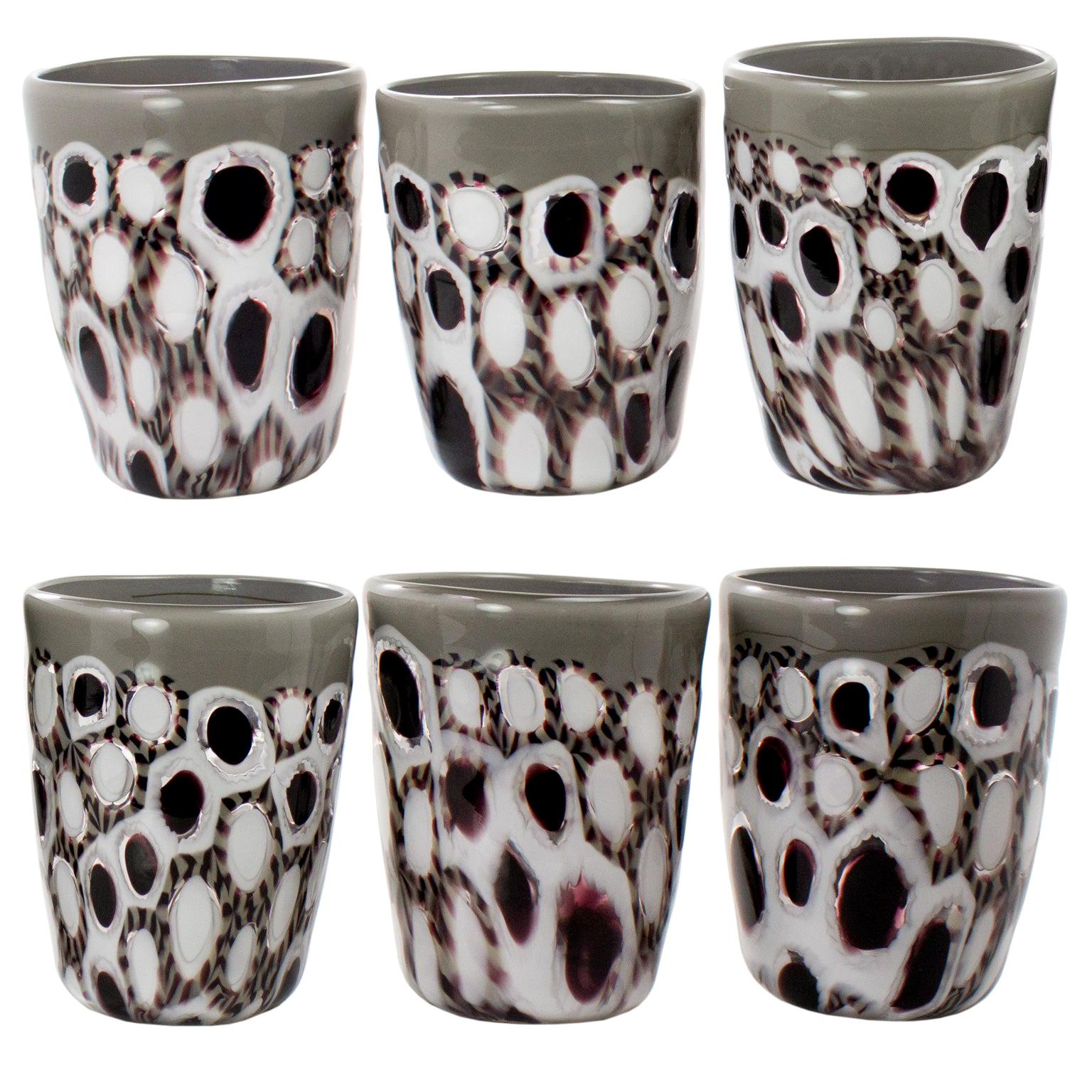 Set of 6 Artistic Handmade Glasses Murano White Black Grey Glass by Multiforme For Sale