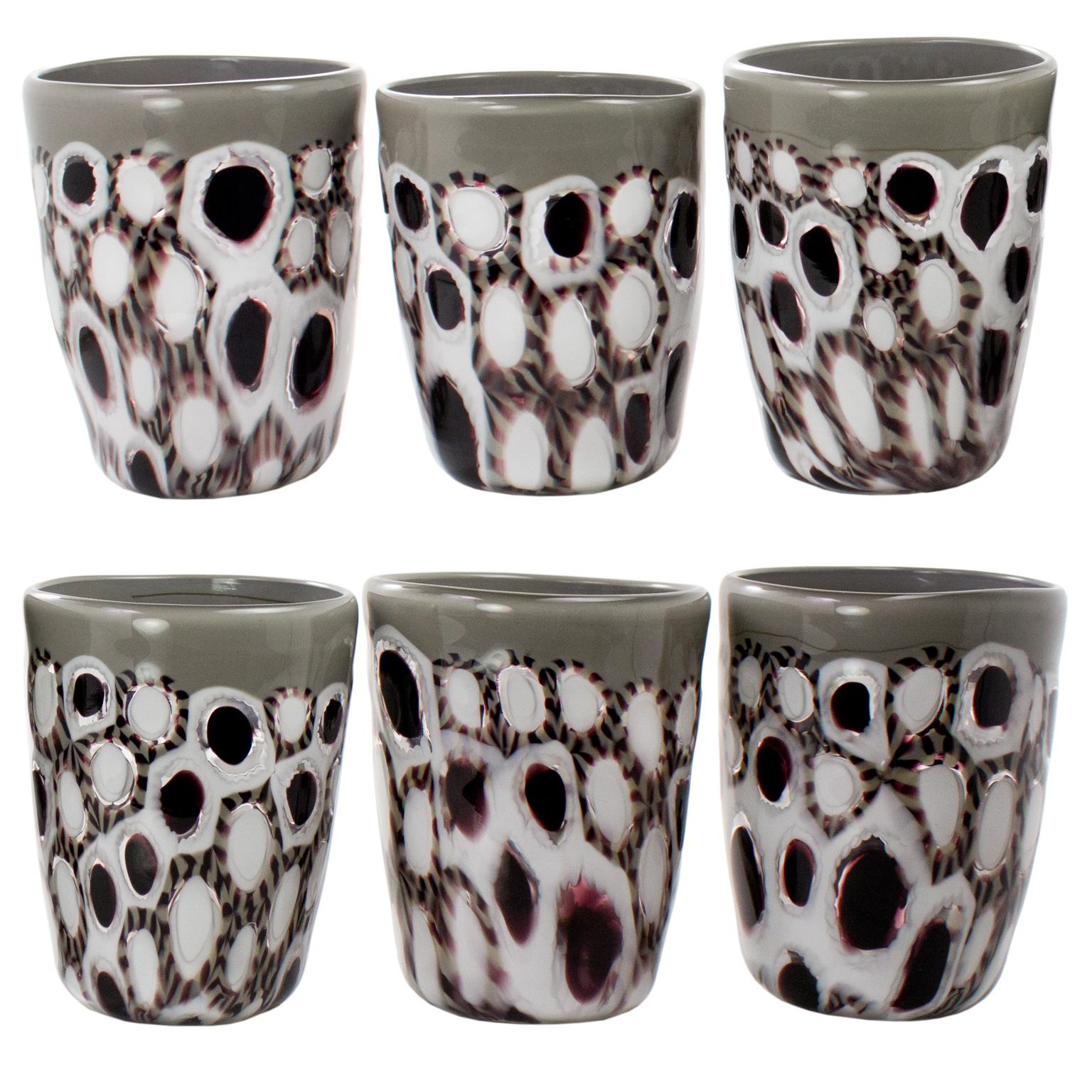 Blown Glass Set of 6 Artistic Handmade Glasses Murano White Black White Glass by Multiforme For Sale