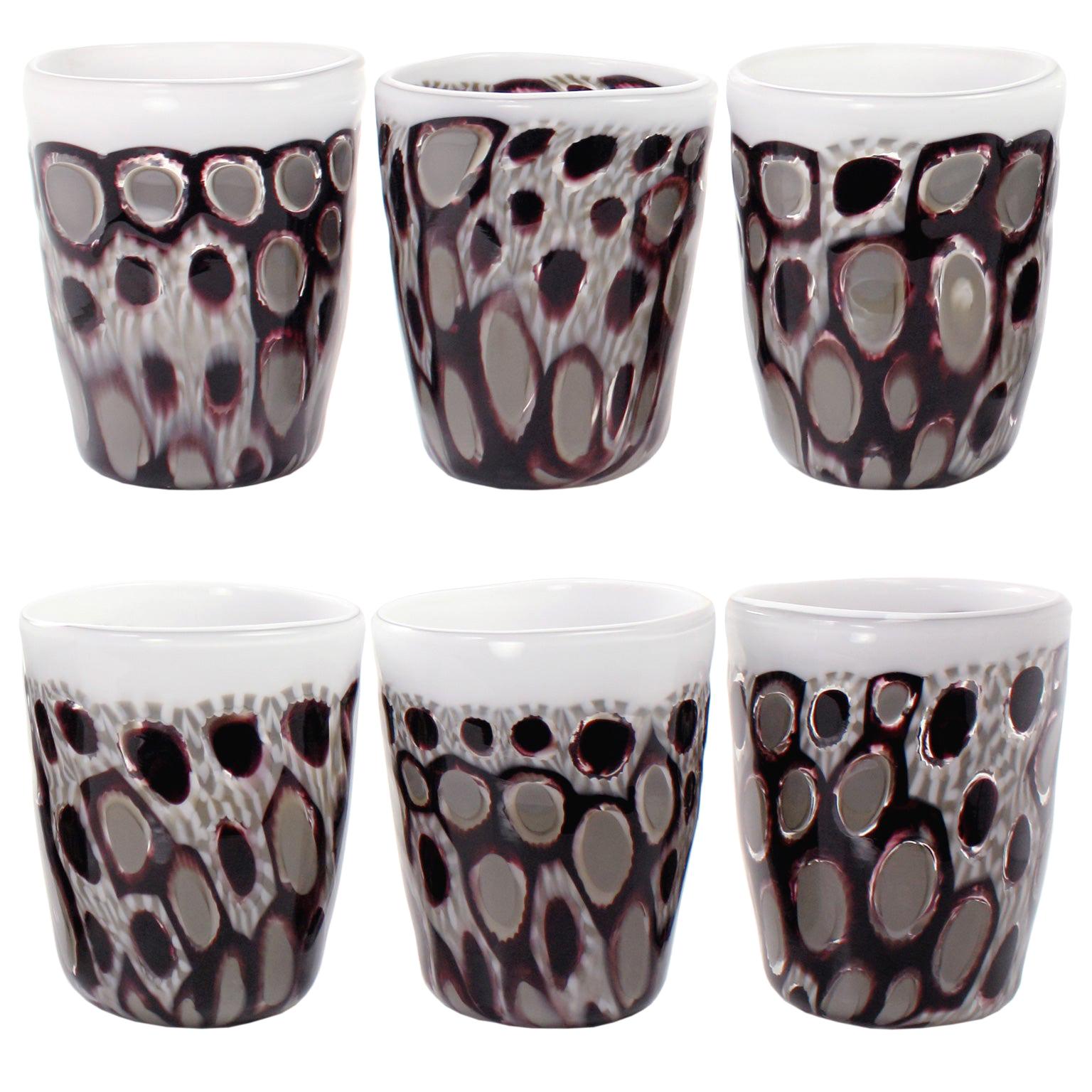 Set of 6 Artistic Handmade Glasses Murano White Black White Glass by Multiforme For Sale
