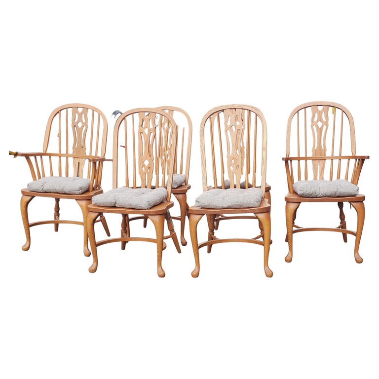 Set of 6 Arts and Crafts Americana Solid Oak Windsor Chairs For Sale at 1stDibs