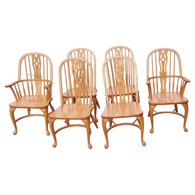 Set of 6 Arts and Crafts Americana Solid Oak Windsor Chairs For Sale at