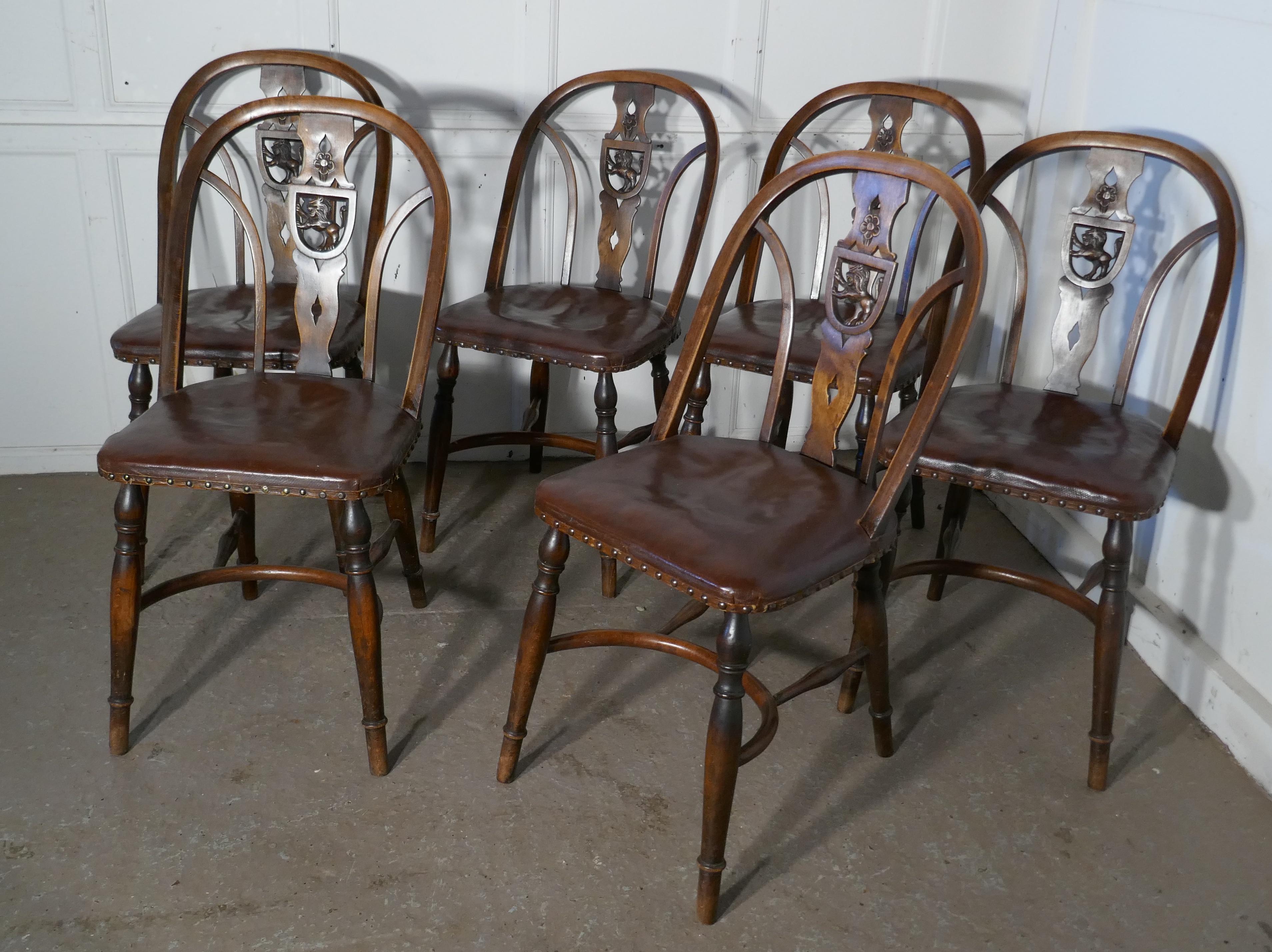 Set of 6 Arts & Crafts Gothic Heraldic Lion Back Windsor Chairs 2