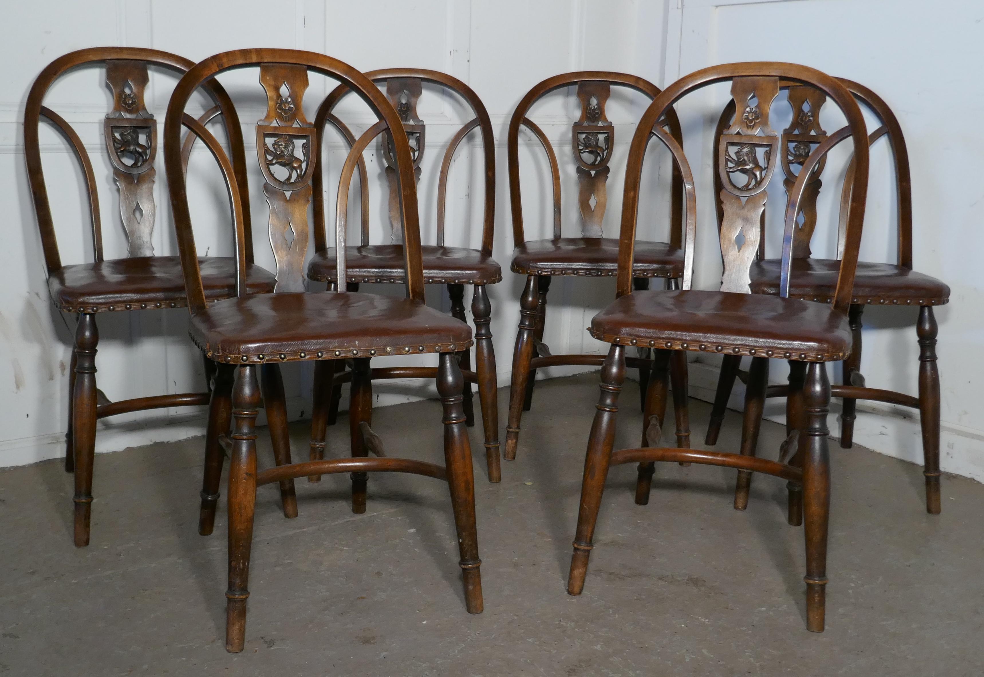 Set of 6 Arts & Crafts Gothic Heraldic Lion Back Windsor Chairs 3
