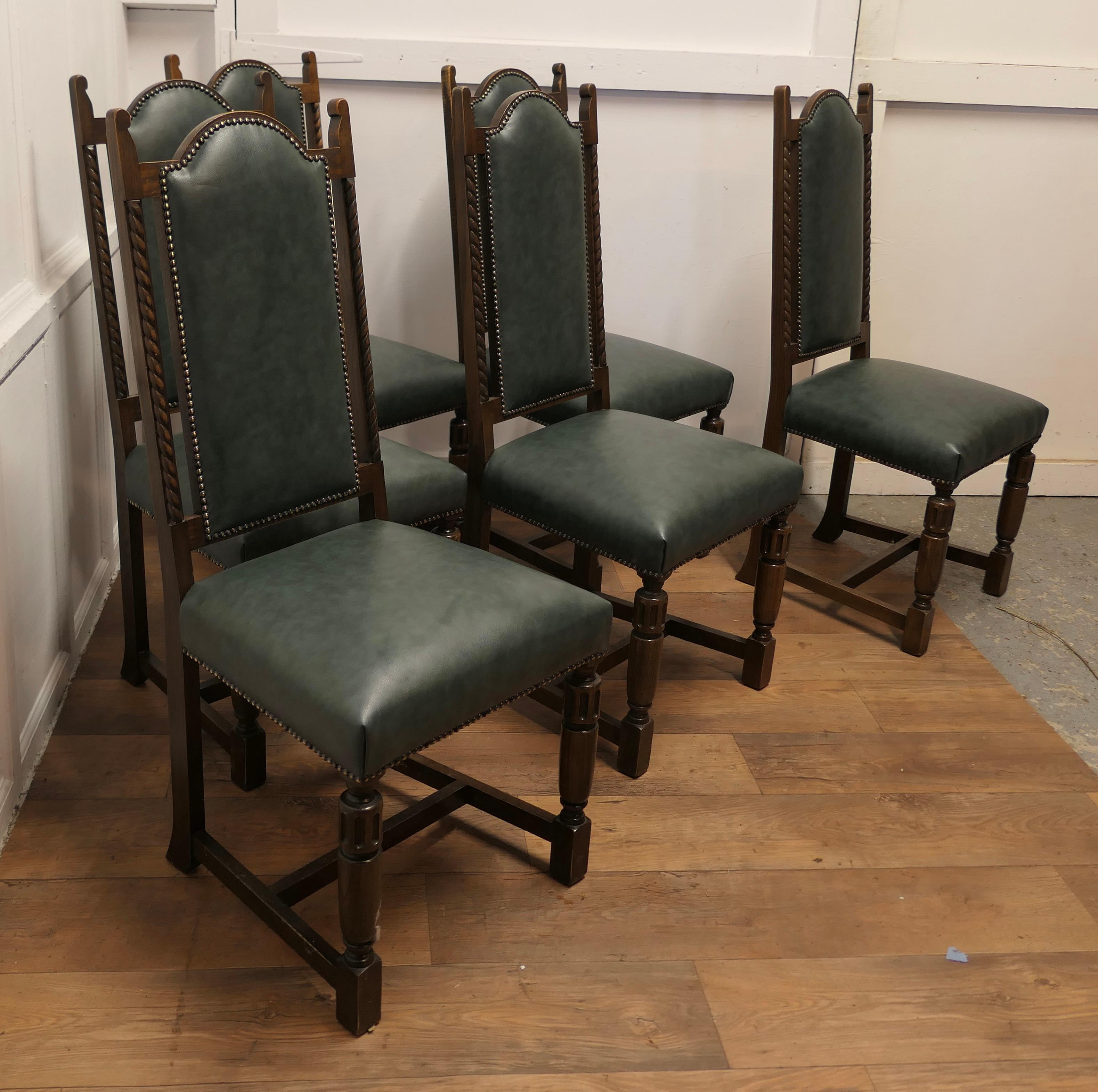 Set of 6 Arts and Crafts Gothic Oak Leather Dining Chairs    2