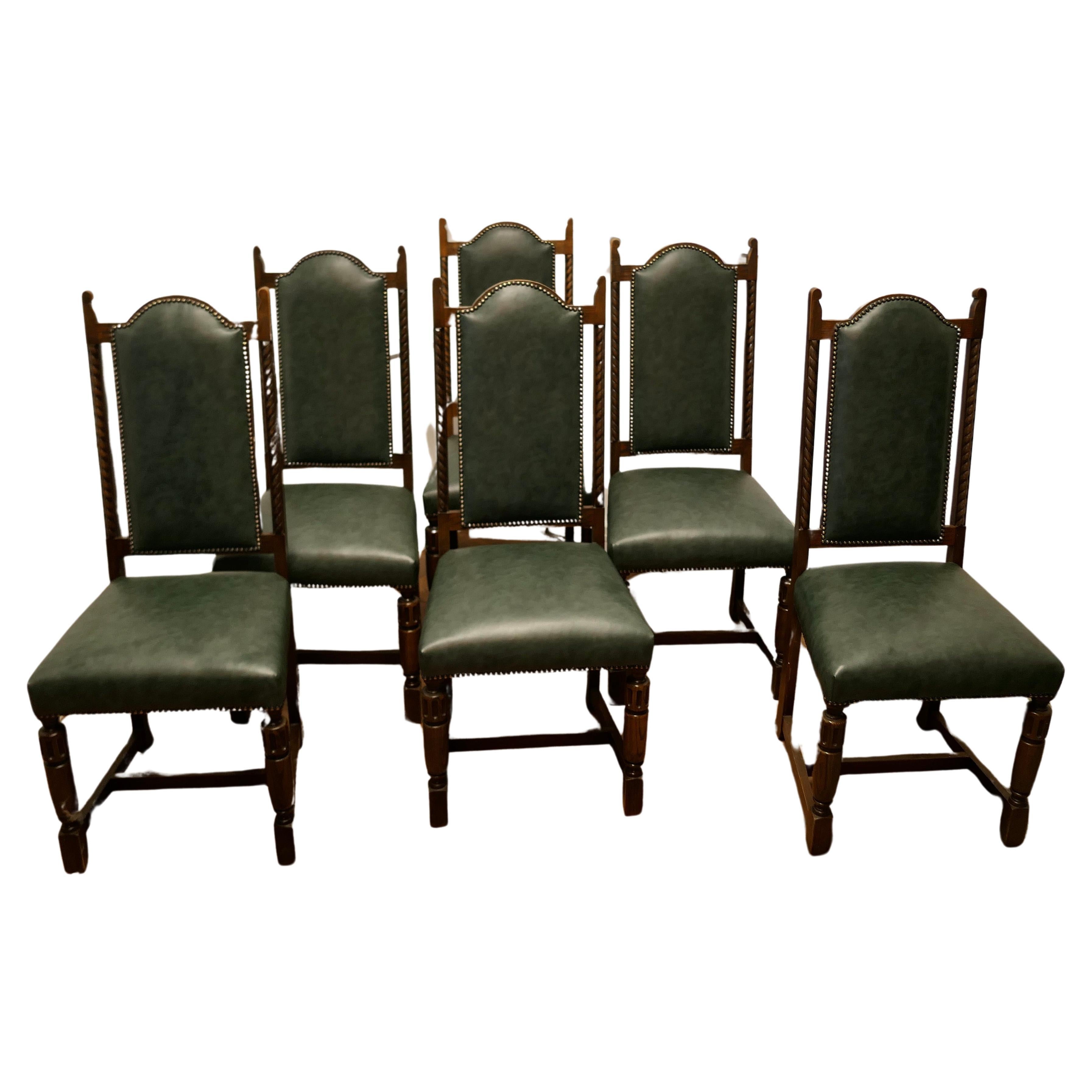 Set of 6 Arts and Crafts Gothic Oak Leather Dining Chairs   
