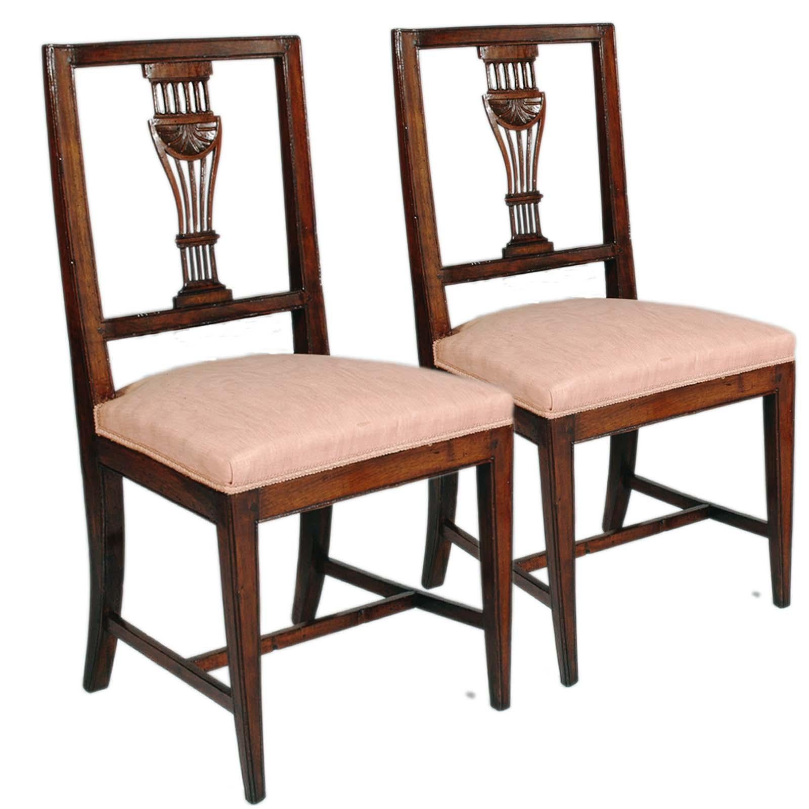 Italian Venetian Six Asolane Biedermeier Chairs in Walnut, Lyre-Shaped Back, Hand-Carved For Sale