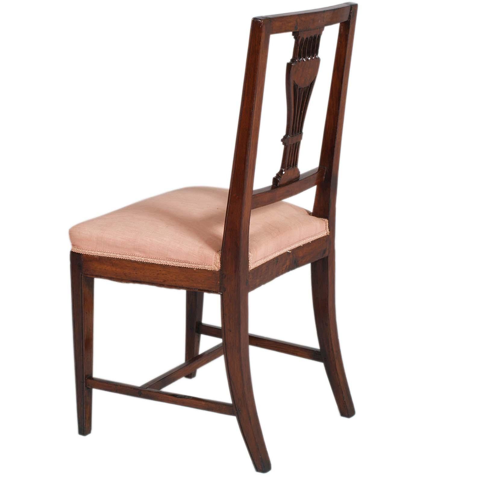 Early 20th Century Venetian Six Asolane Biedermeier Chairs in Walnut, Lyre-Shaped Back, Hand-Carved For Sale