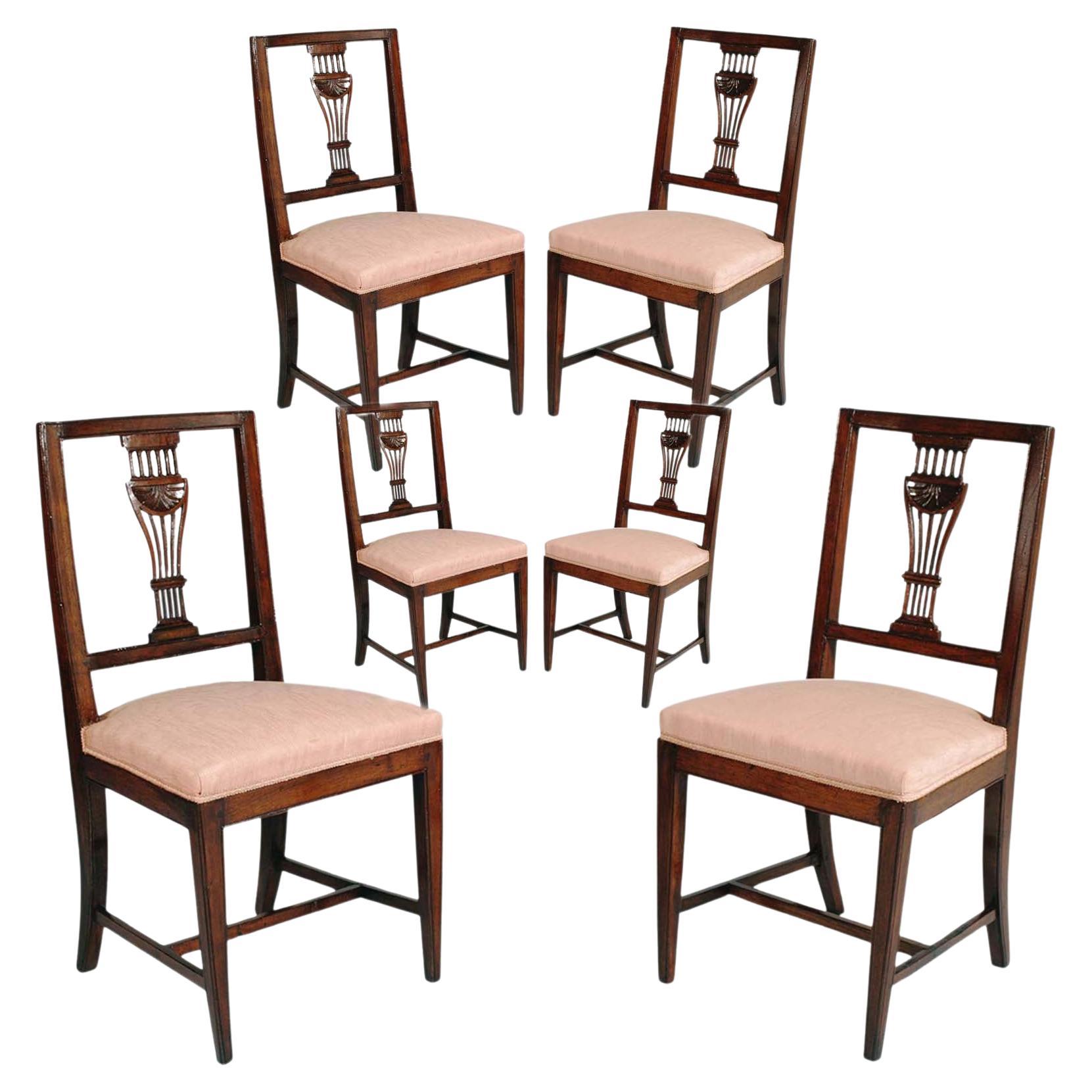 Venetian Six Asolane Biedermeier Chairs in Walnut, Lyre-Shaped Back, Hand-Carved For Sale