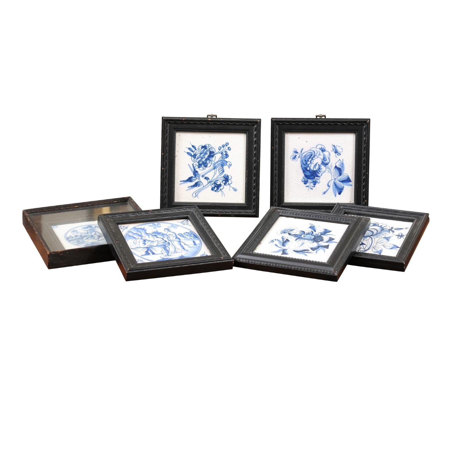  Set of 6 Assorted 18th Century Blue & White Delft Tiles in Black Frames For Sale 6