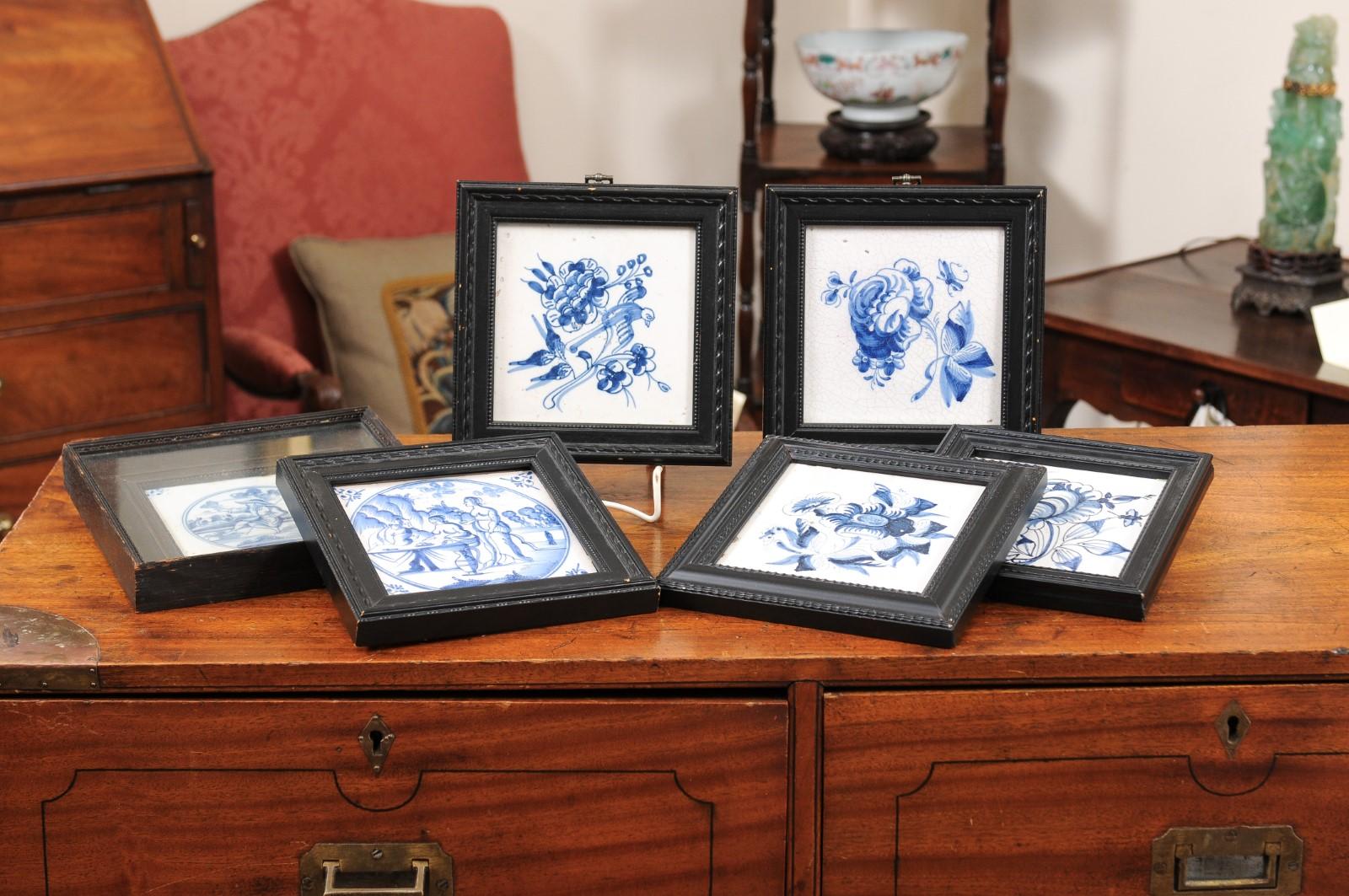  Set of 6 Assorted 18th Century Blue & White Delft Tiles in Black Frames In Good Condition For Sale In Atlanta, GA