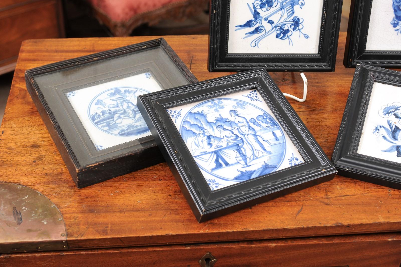 18th Century and Earlier  Set of 6 Assorted 18th Century Blue & White Delft Tiles in Black Frames For Sale