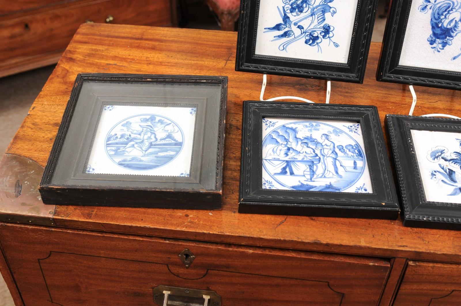 Wood  Set of 6 Assorted 18th Century Blue & White Delft Tiles in Black Frames For Sale