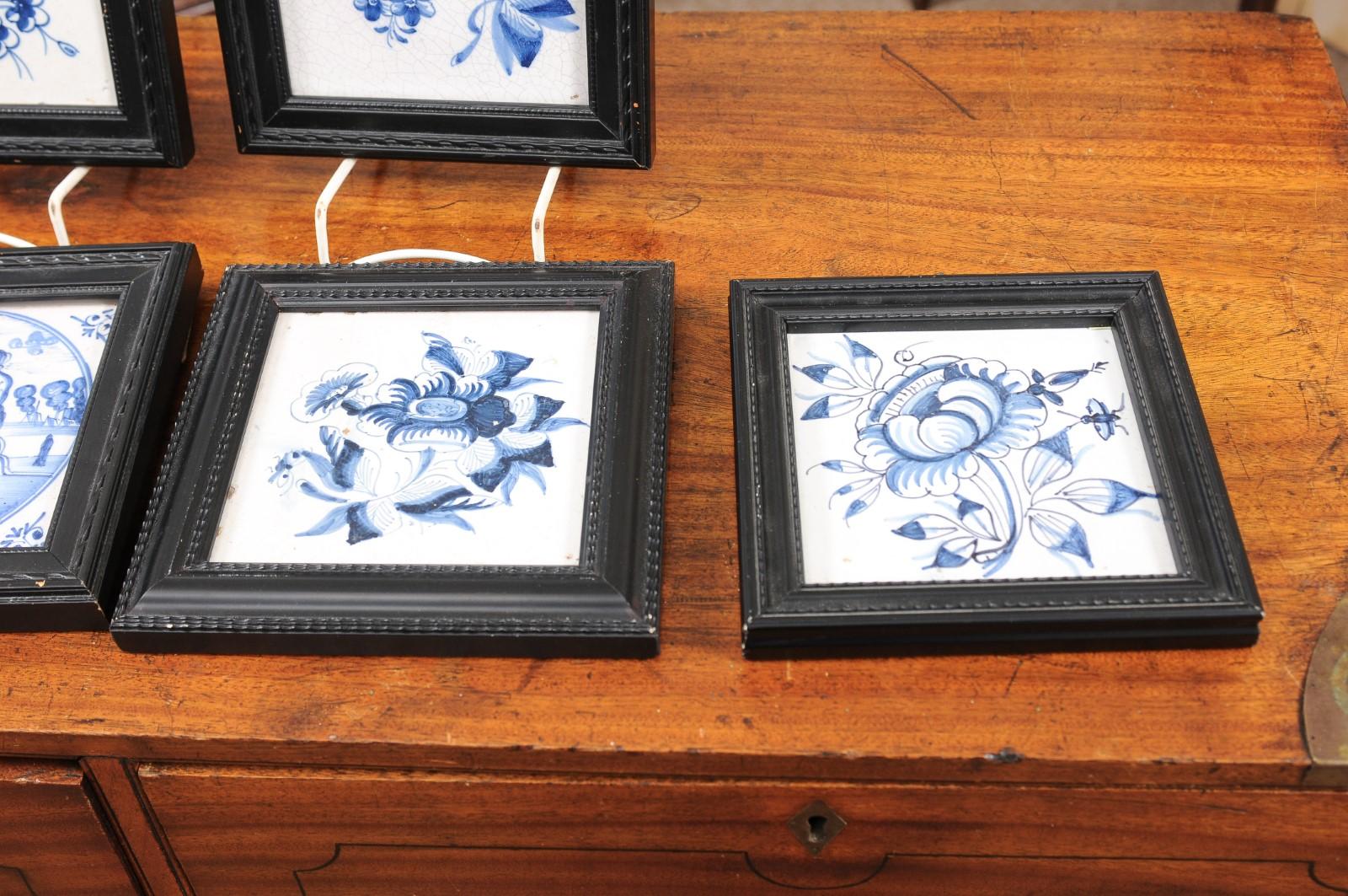  Set of 6 Assorted 18th Century Blue & White Delft Tiles in Black Frames For Sale 1