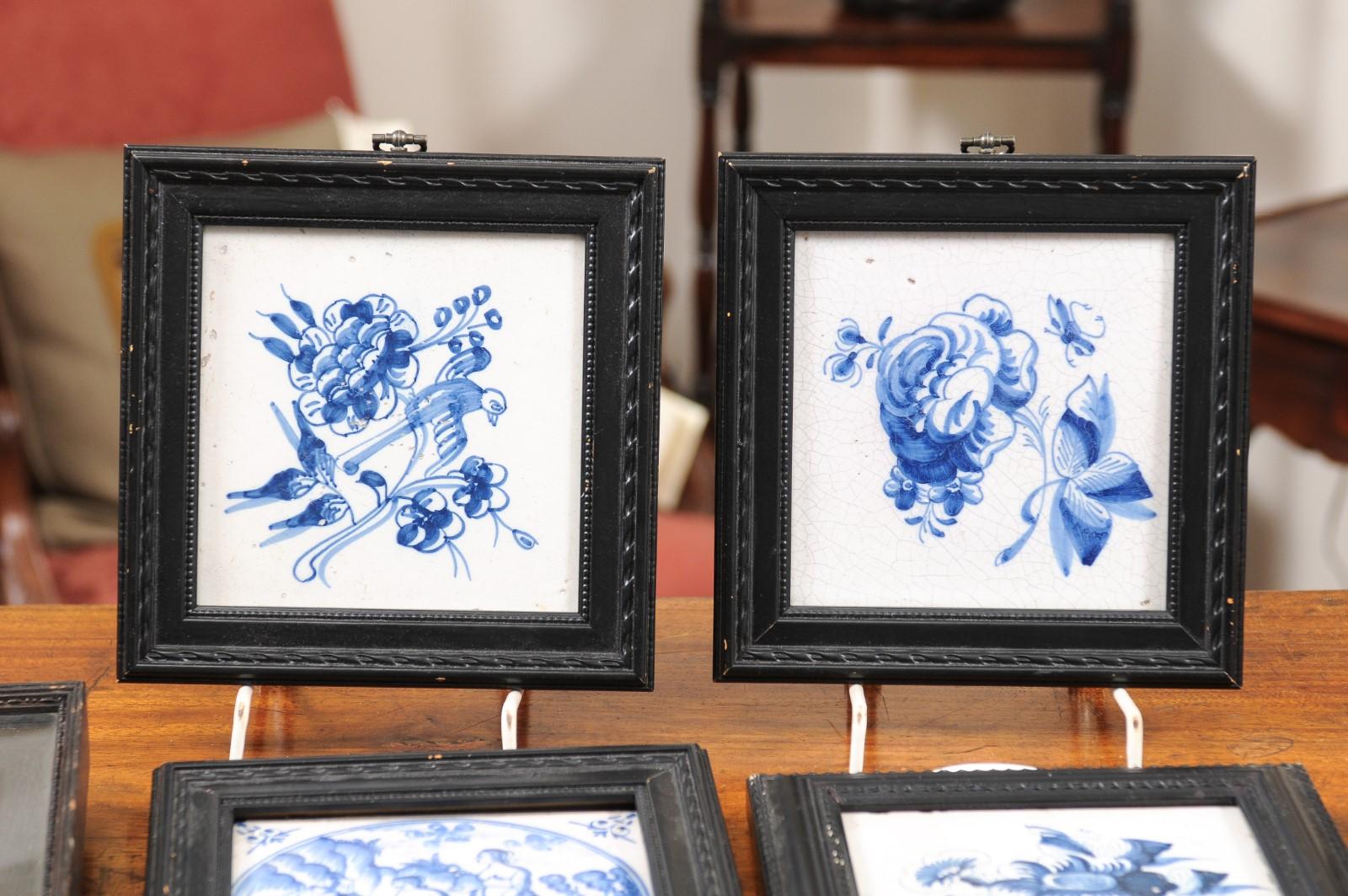  Set of 6 Assorted 18th Century Blue & White Delft Tiles in Black Frames For Sale 2