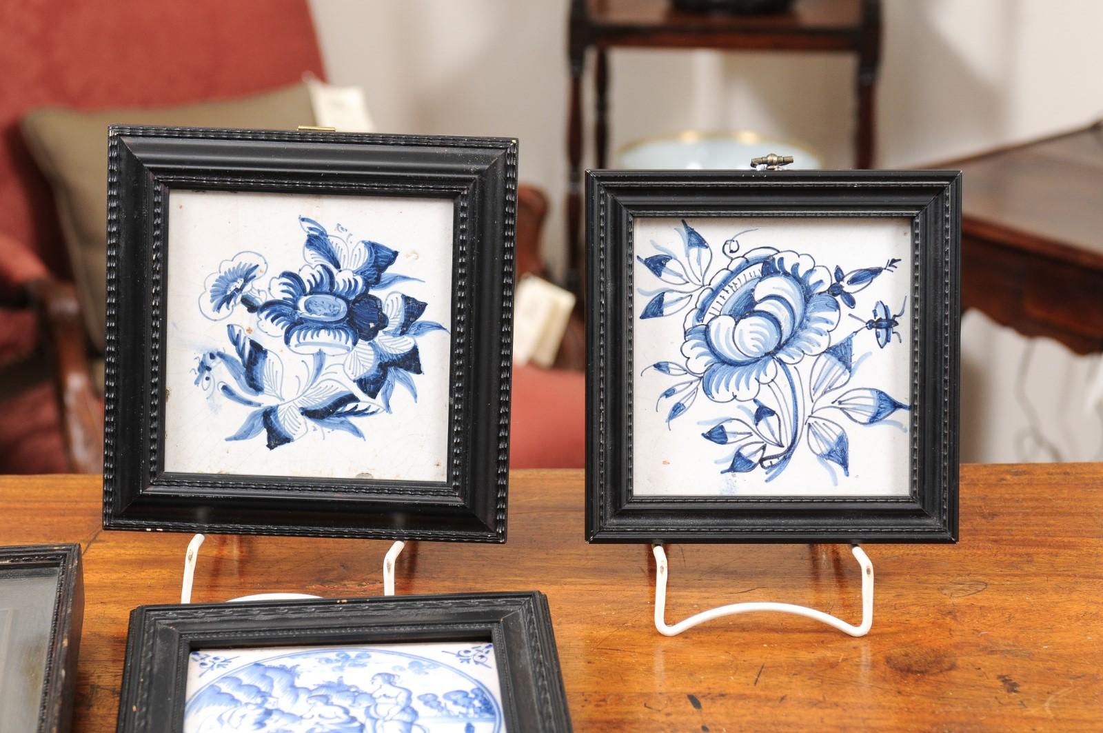  Set of 6 Assorted 18th Century Blue & White Delft Tiles in Black Frames For Sale 4