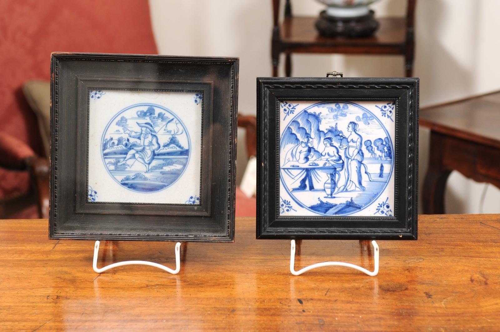  Set of 6 Assorted 18th Century Blue & White Delft Tiles in Black Frames For Sale 5