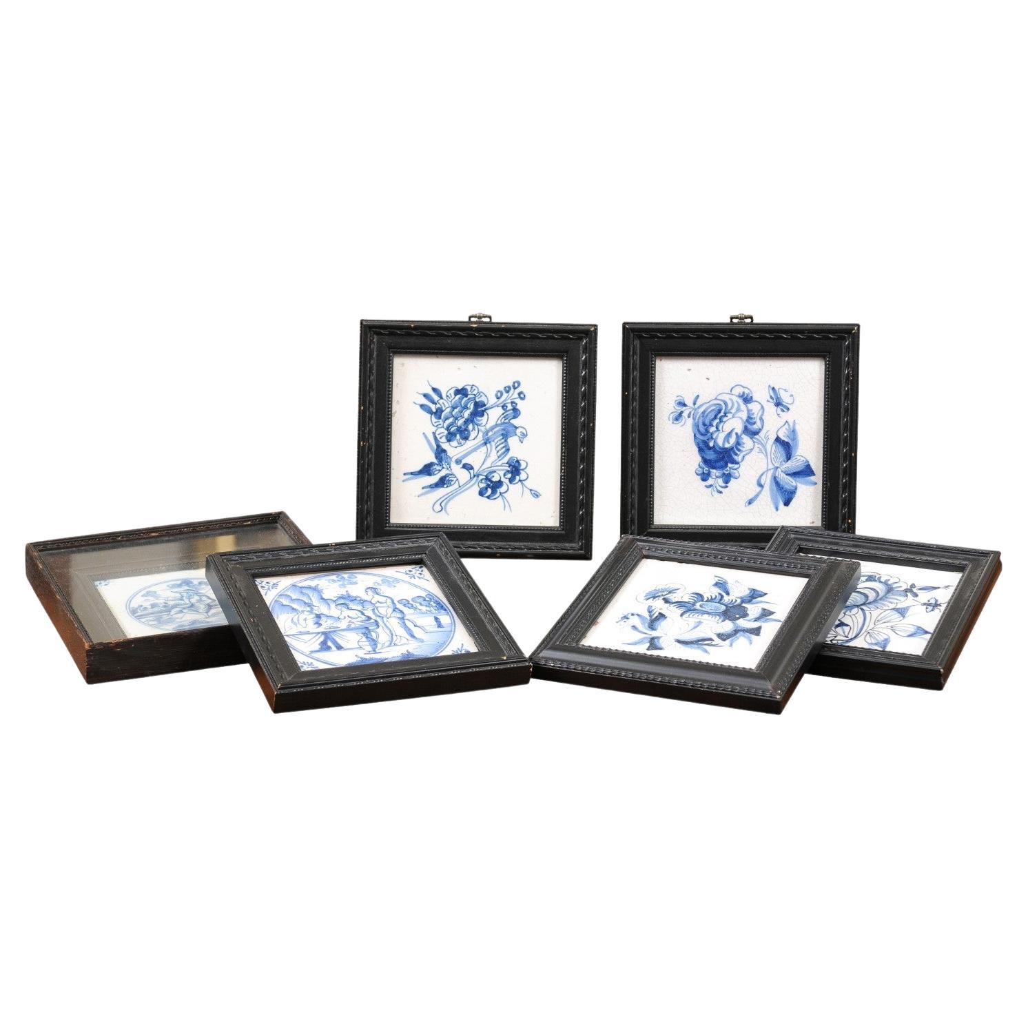  Set of 6 Assorted 18th Century Blue & White Delft Tiles in Black Frames For Sale
