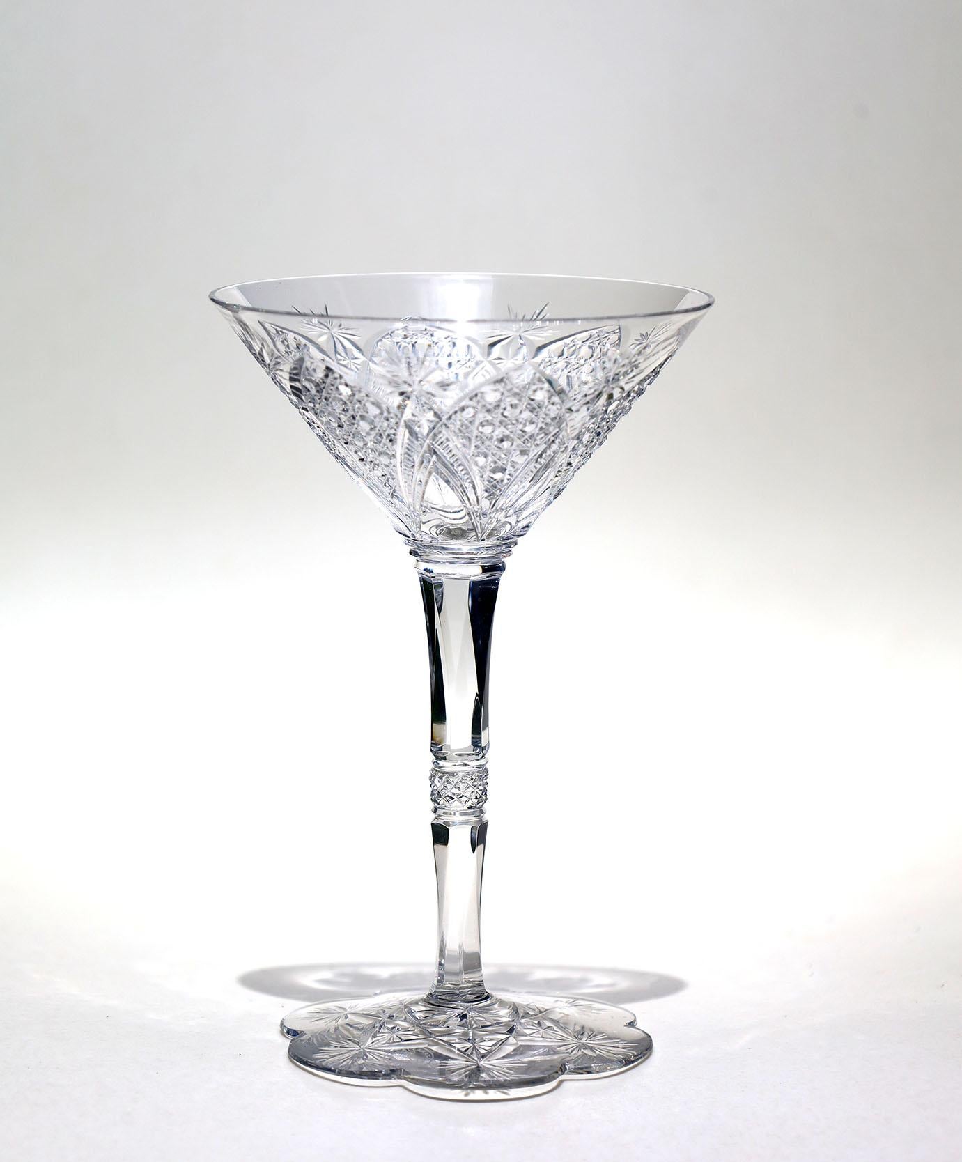 Baccarat Elbeuf service was first introduced in 1908 and presented at the International Exhibition in Nancy, France in 1909. Specially ordered in 1920 by the Maharaja of Baroda. This set of 6 signed Baccarat glasses are hand blown clear crystal and