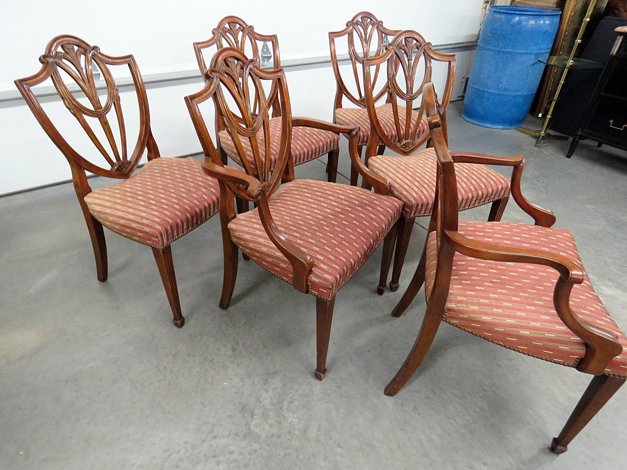 20th Century Set of 6 Mahogany Baker Sheraton Shield Back Style Dining Room Chairs