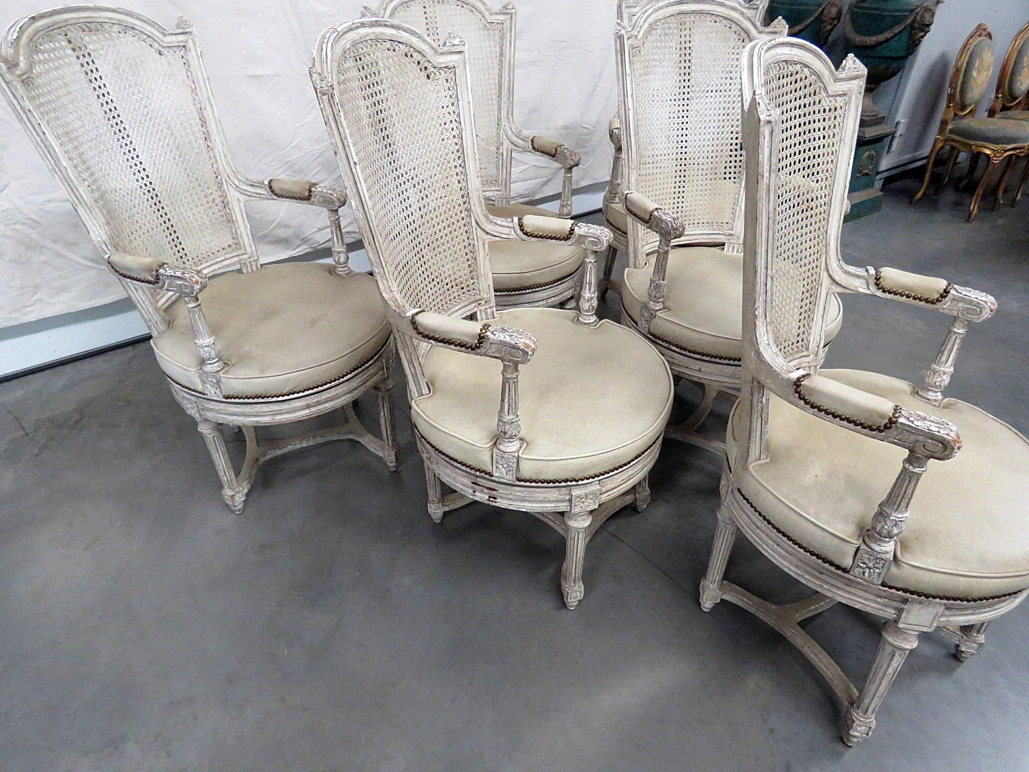 Upholstery Set of 6 Baker Swiveling French Louis XV Style Painted Dining Room Armchairs