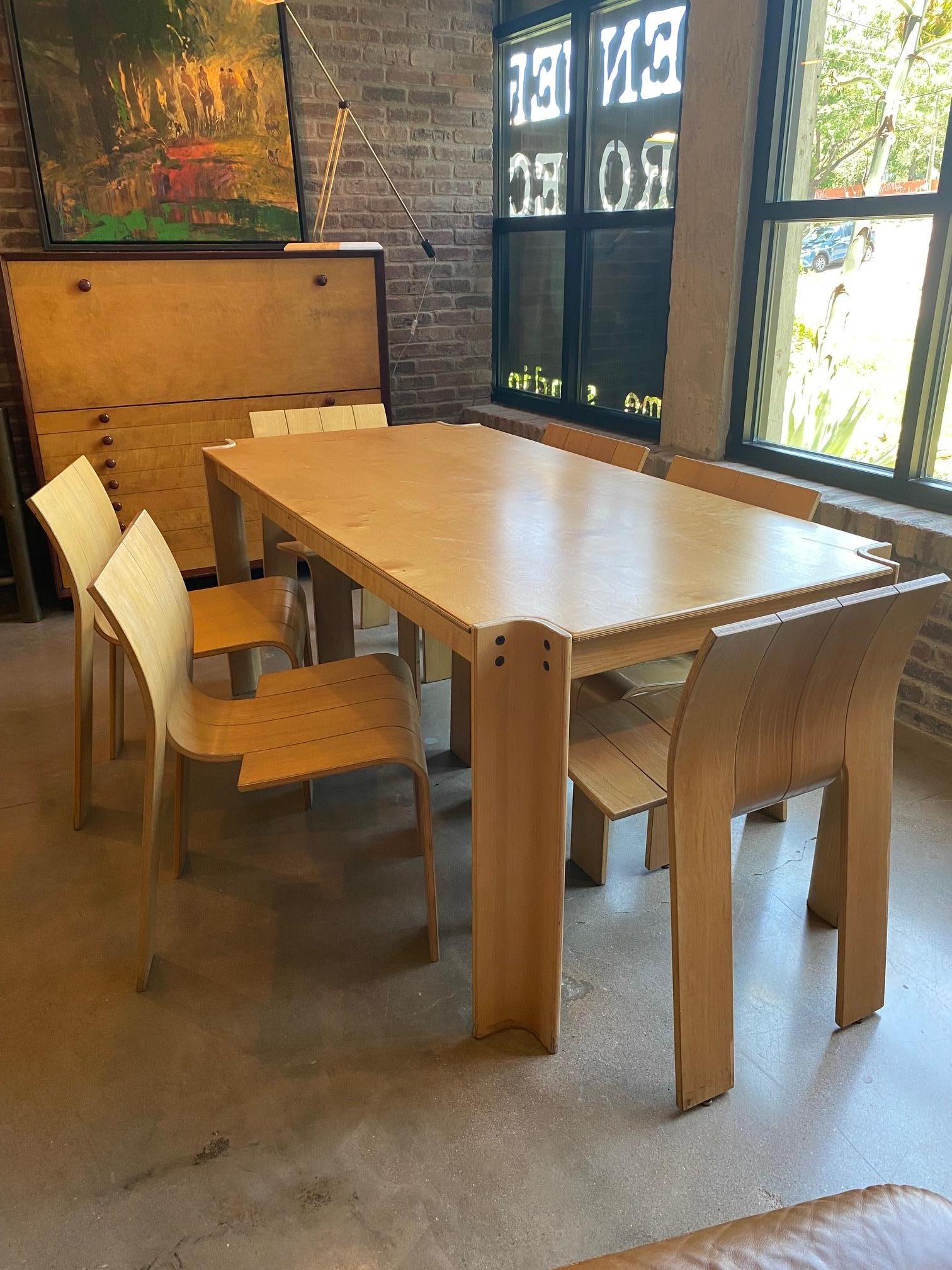 Set of six armless dining chairs.  Hard to find in the US, Dutch designed “Strip” chairs by Gijs Bakker for Castelijn.  Great Scandinavian Modern styling with bentwood construction in natural finished ash, stackable and comfortable.  Additional