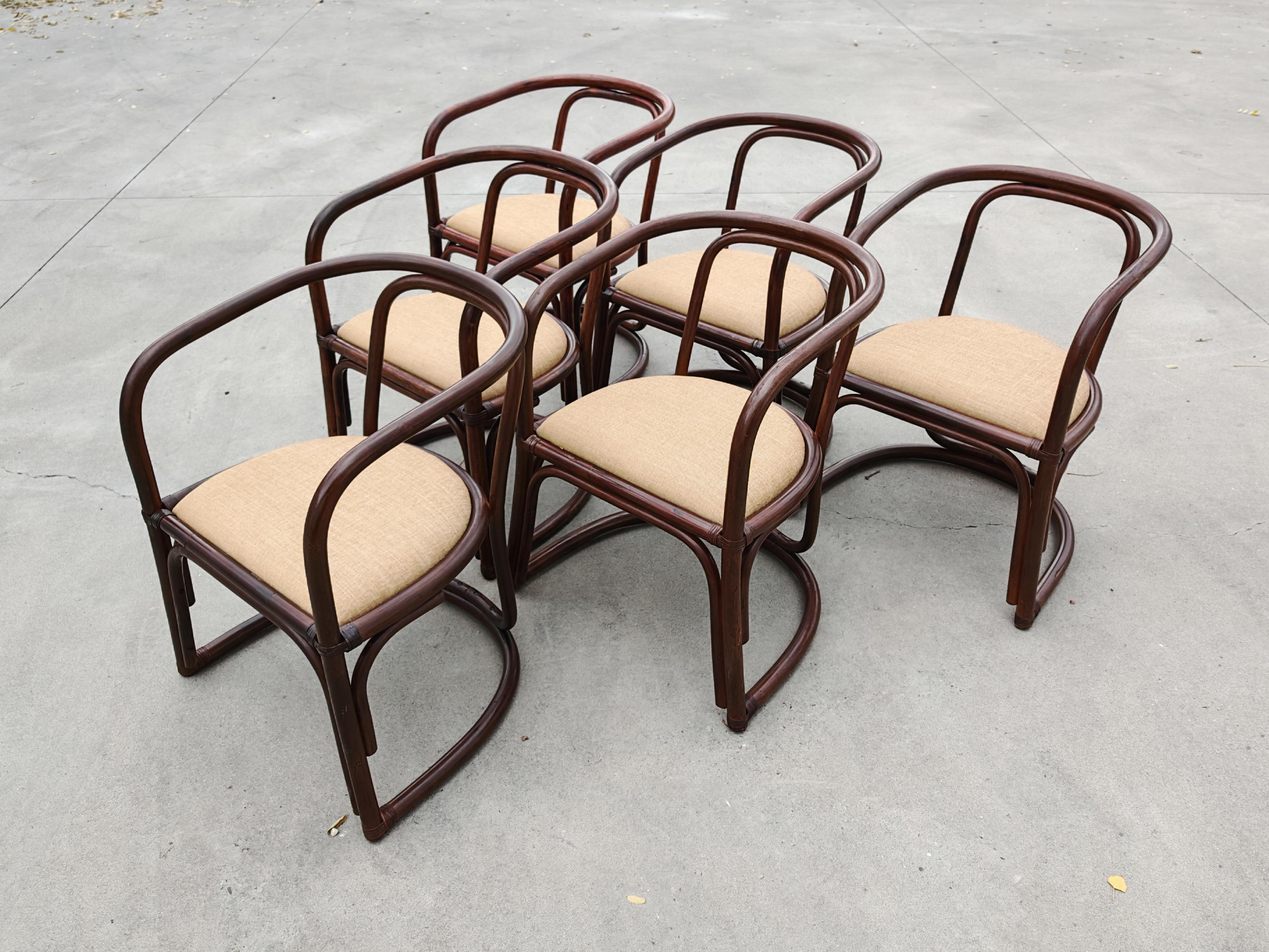 Juego de 6 sillones de bambú para un comedor, Italia Años 70 en venta 3