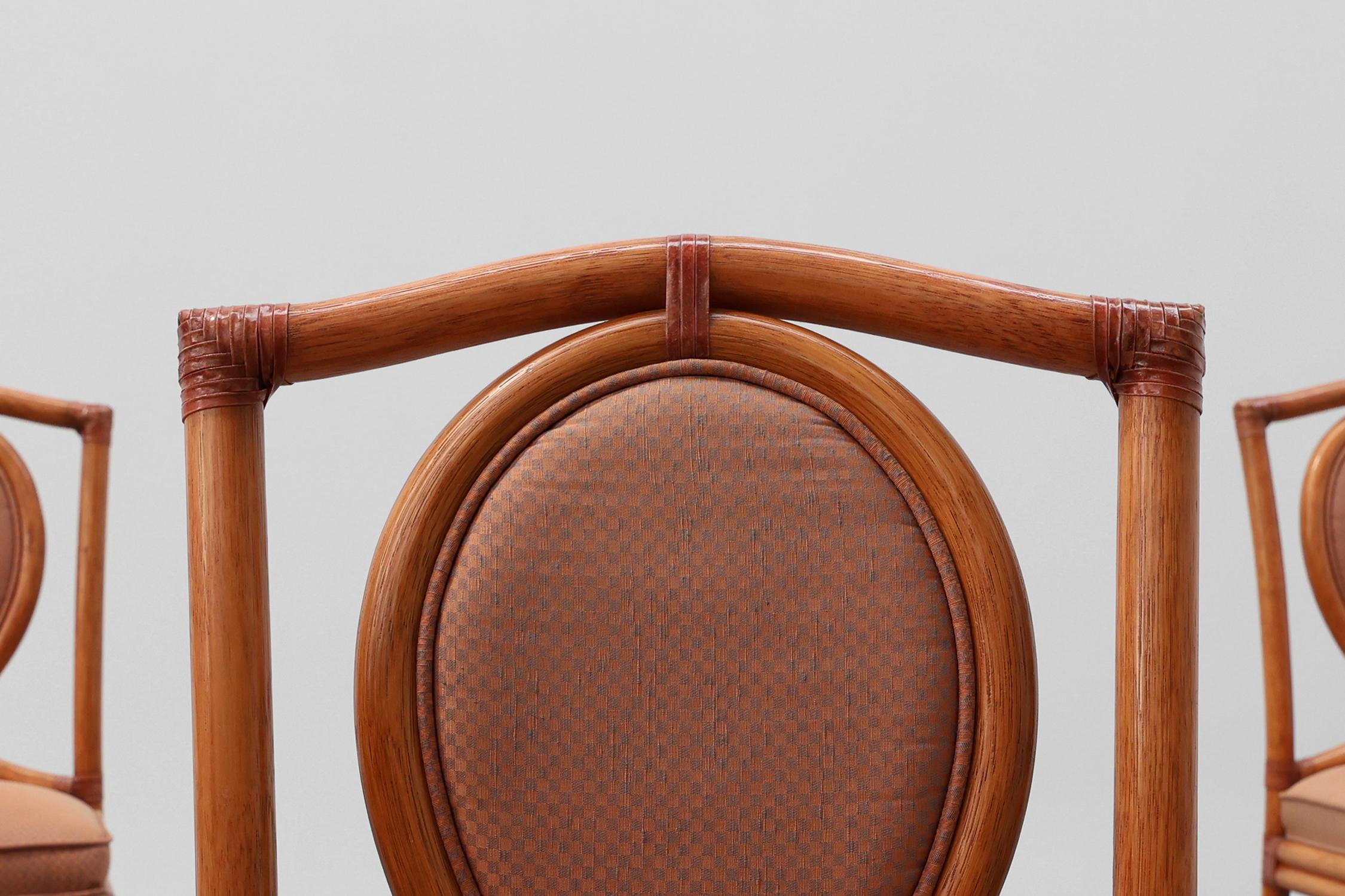 Mid-Century moderno Set di 6 sedie per sala da pranzo in bambù con imbottitura geometrica di Gasparucci in vendita