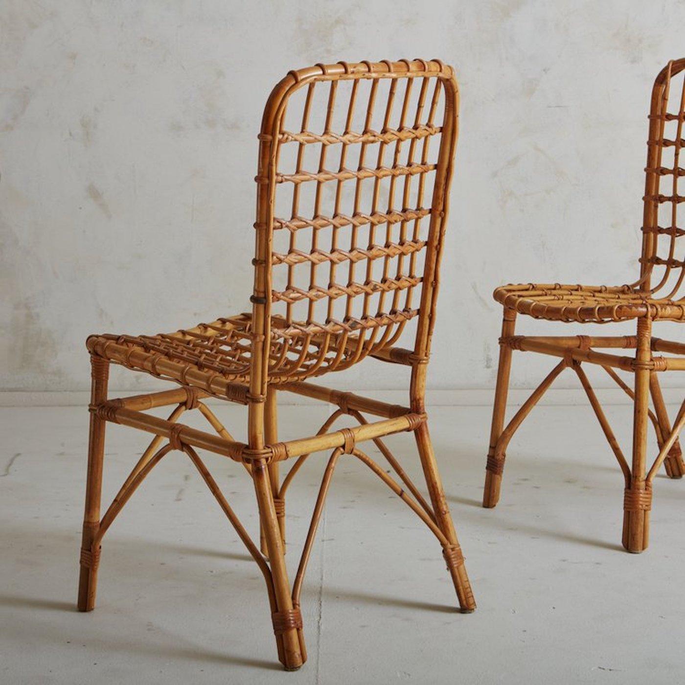 Italian Set of 6 Bamboo + Rattan Dining Chairs, Italy, 1970s