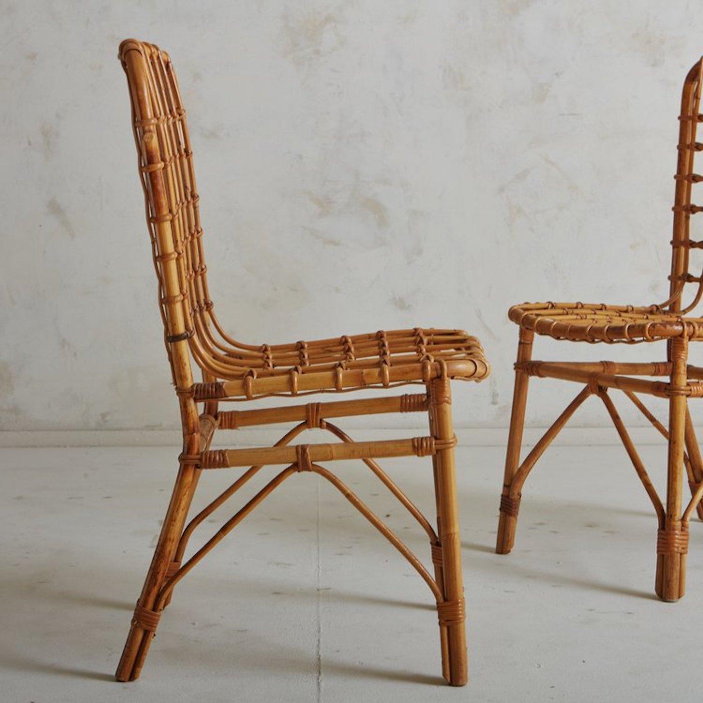 Set of 6 Bamboo + Rattan Dining Chairs, Italy, 1970s In Good Condition In Chicago, IL
