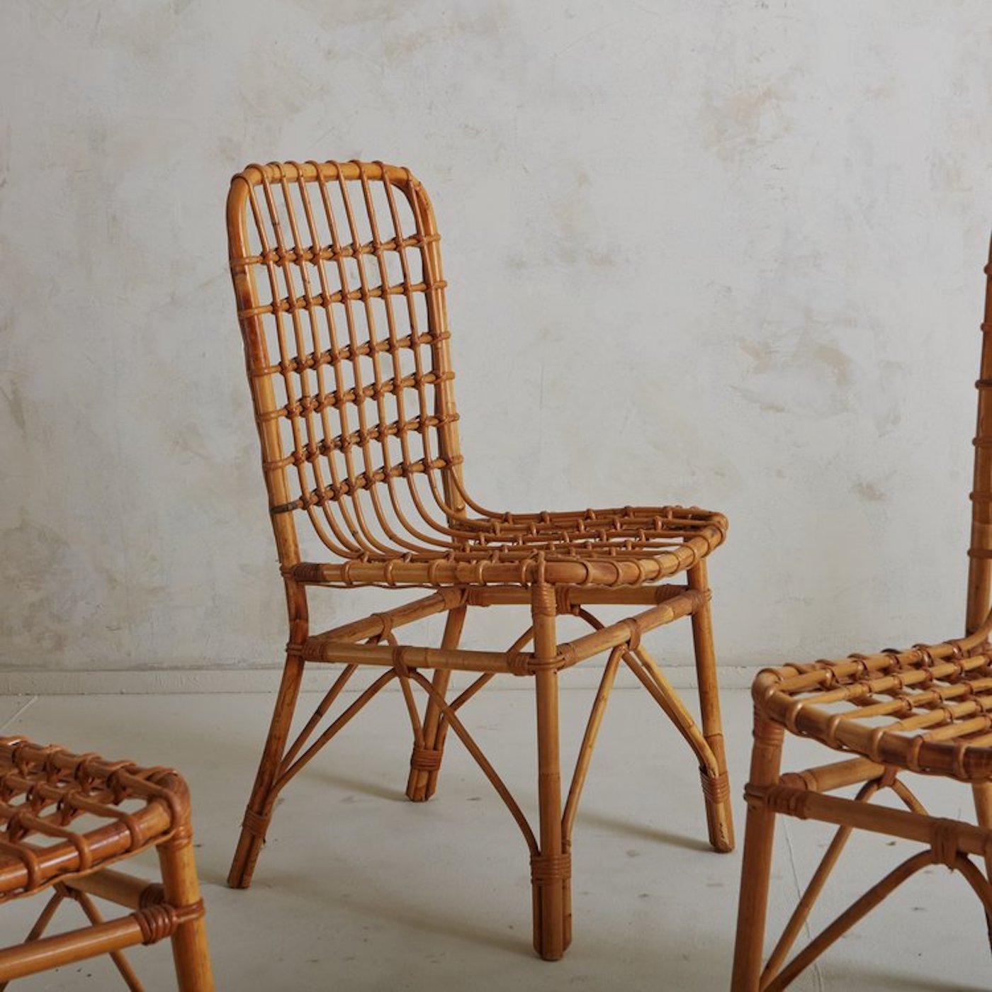 Late 20th Century Set of 6 Bamboo + Rattan Dining Chairs, Italy, 1970s