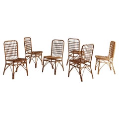 Set of 6 Bamboo + Rattan Dining Chairs, Italy, 1970s