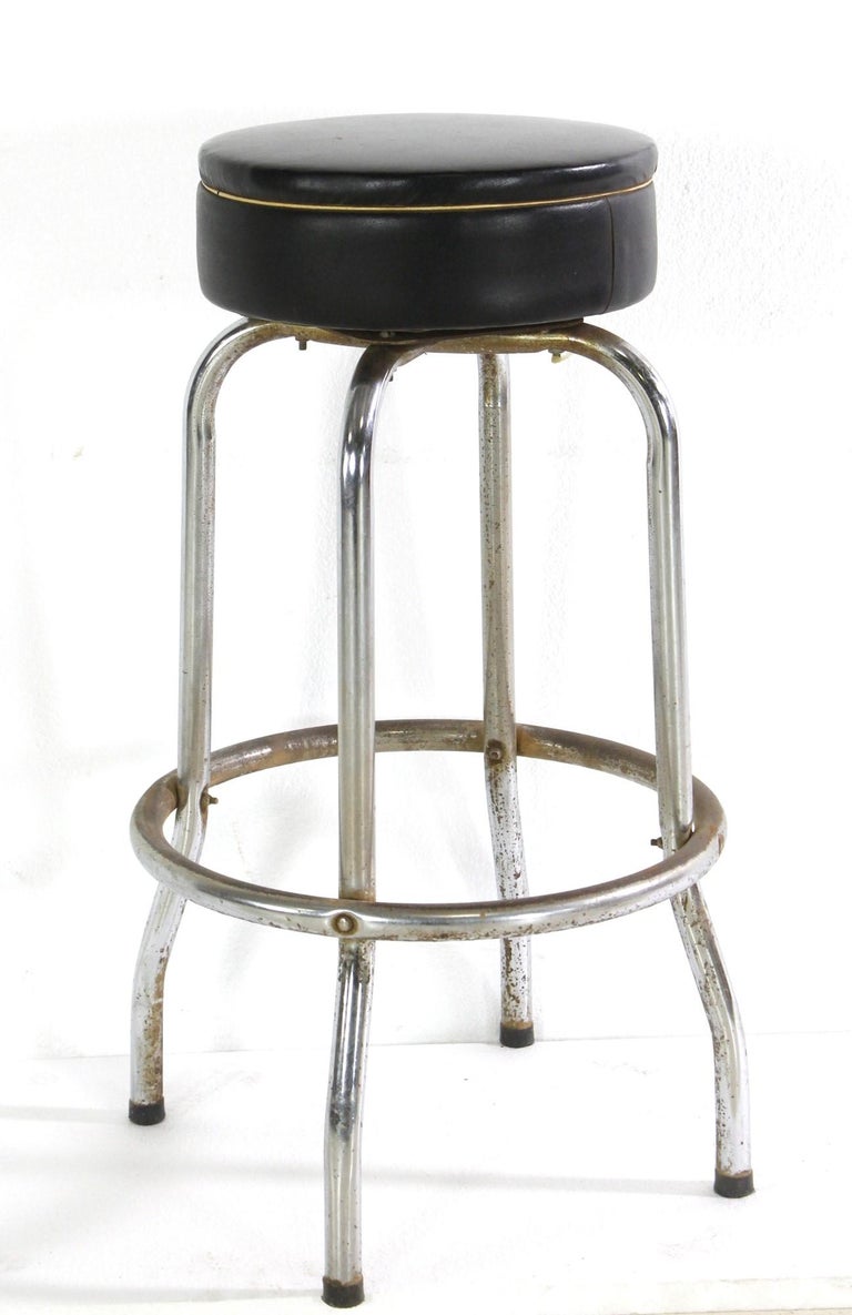 Set of 6 Bar Stools Done in Black Vinyl and Chrome Diner Style Matching