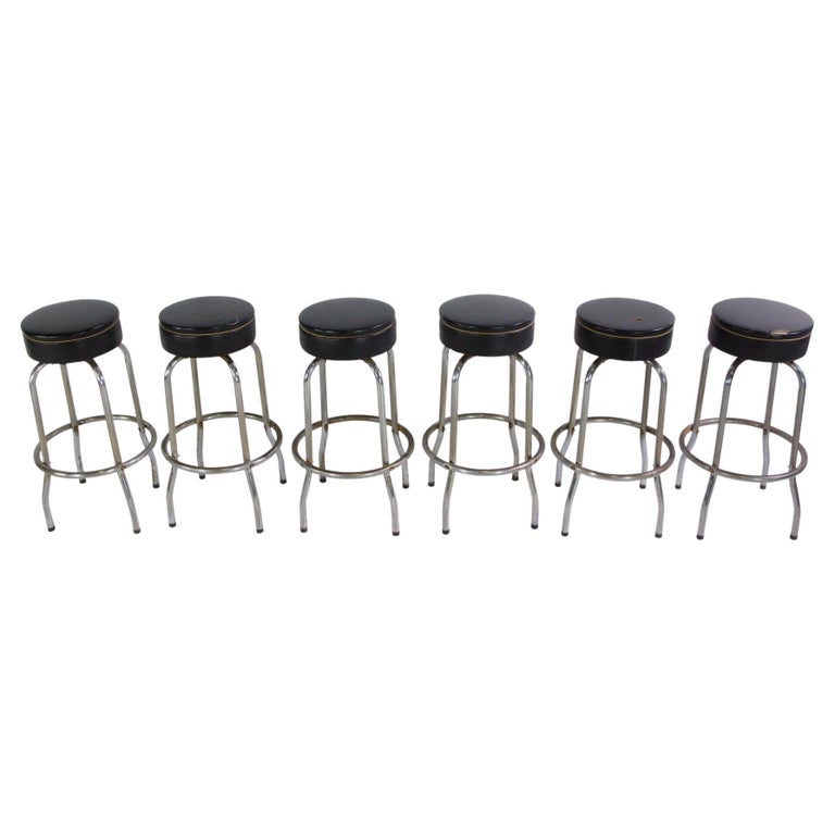 Set of 6 Bar Stools Done in Black Vinyl and Chrome Diner Style Matching