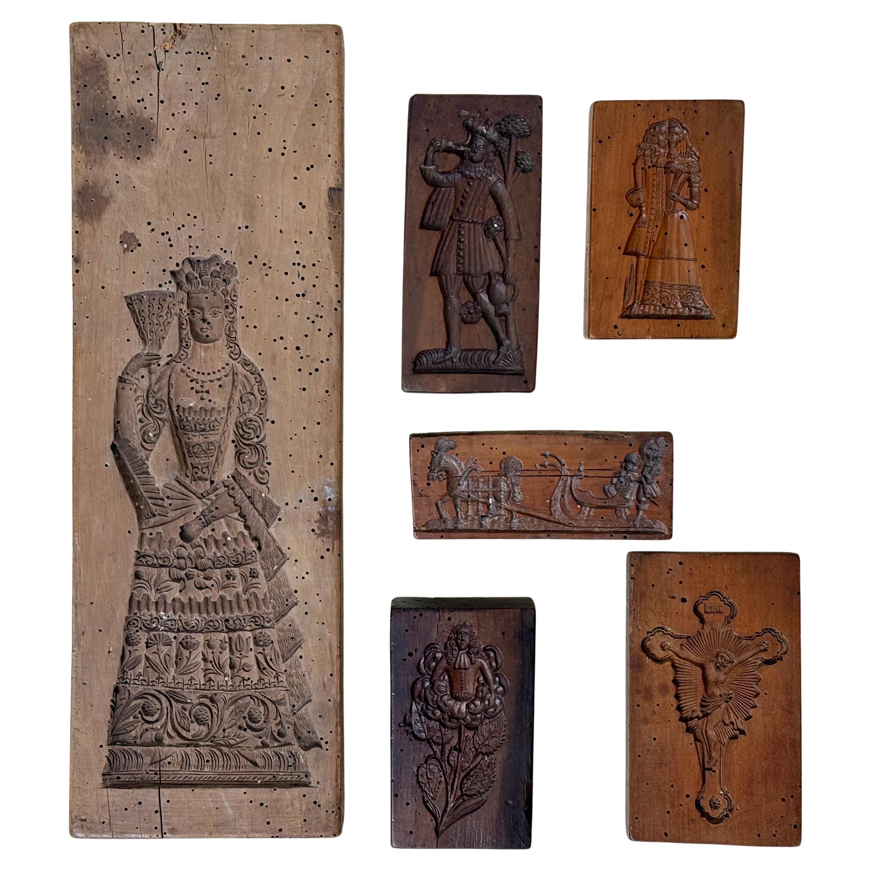 Set of 6 Baroque Speculoos Molds, Solid Oak, Circa 1650