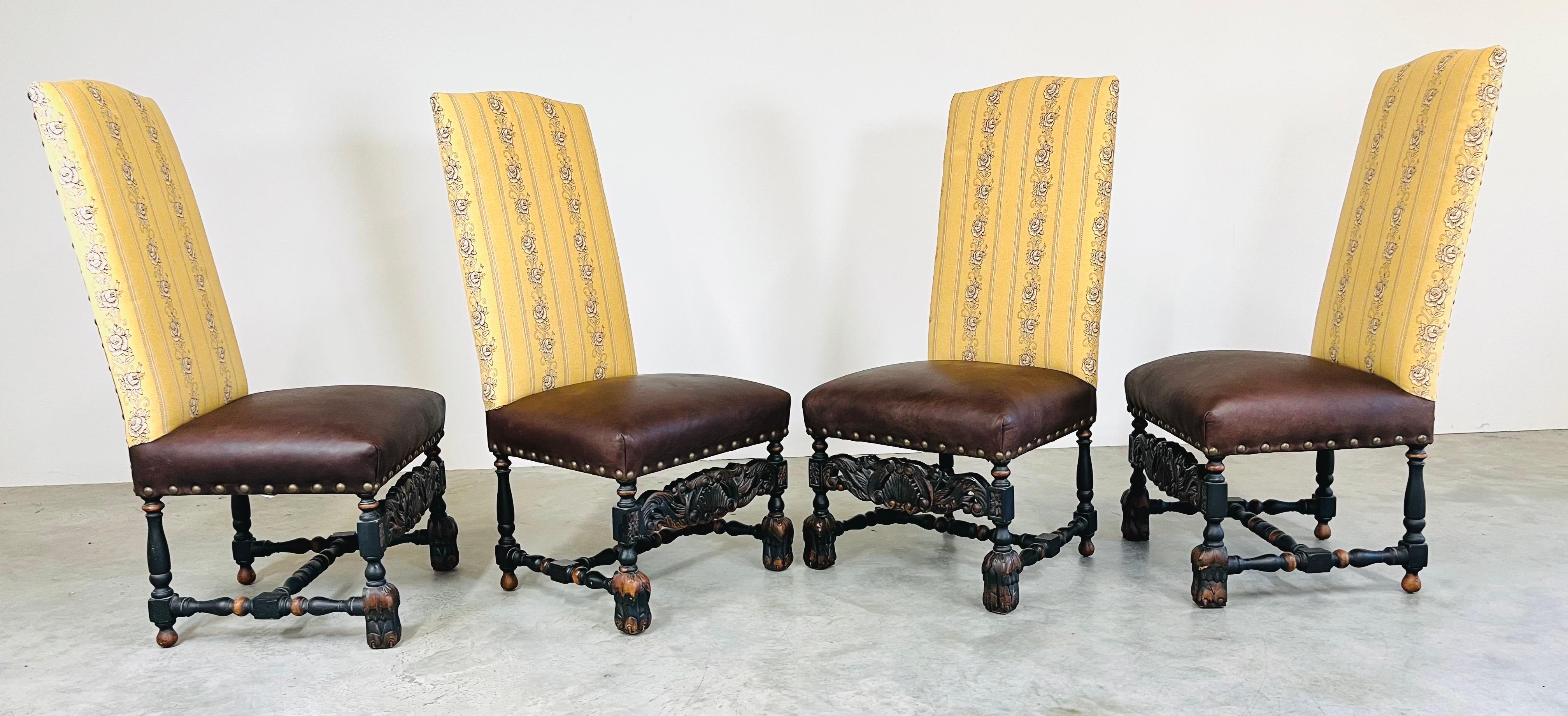 Brass Set of 6 Baroque Style Dining Chairs by Old Hickory in Rose Linen & Leather 