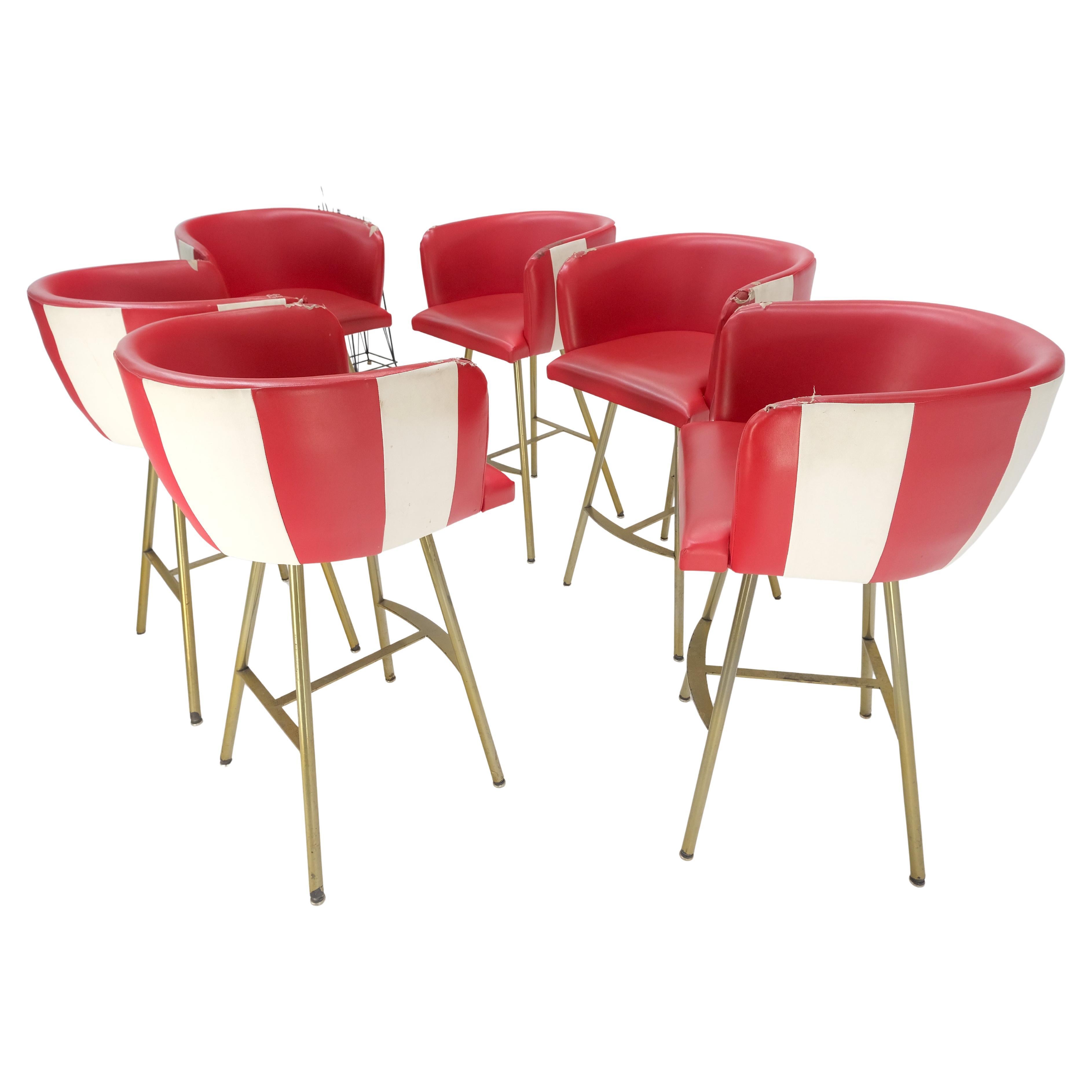 Set of 6 Barrel Back Mid Century Modern Bar Stools as is Upholstery