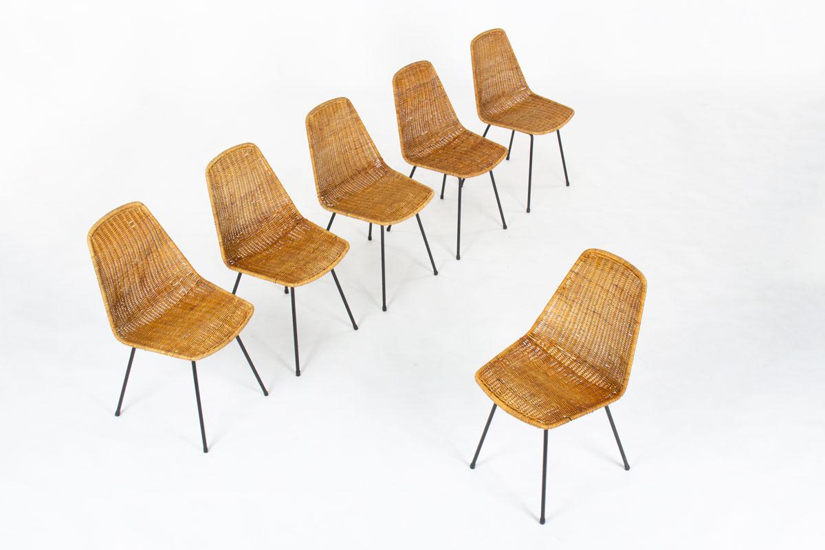 Set di 6 sedie di Gian Franco Legler, designer italo-svizzero, per Pierantonio Bonacina, in Italia.
Modello di cestino
Seduta in rattan - piedi in metallo nero con copertura in plastica
Modello iconico