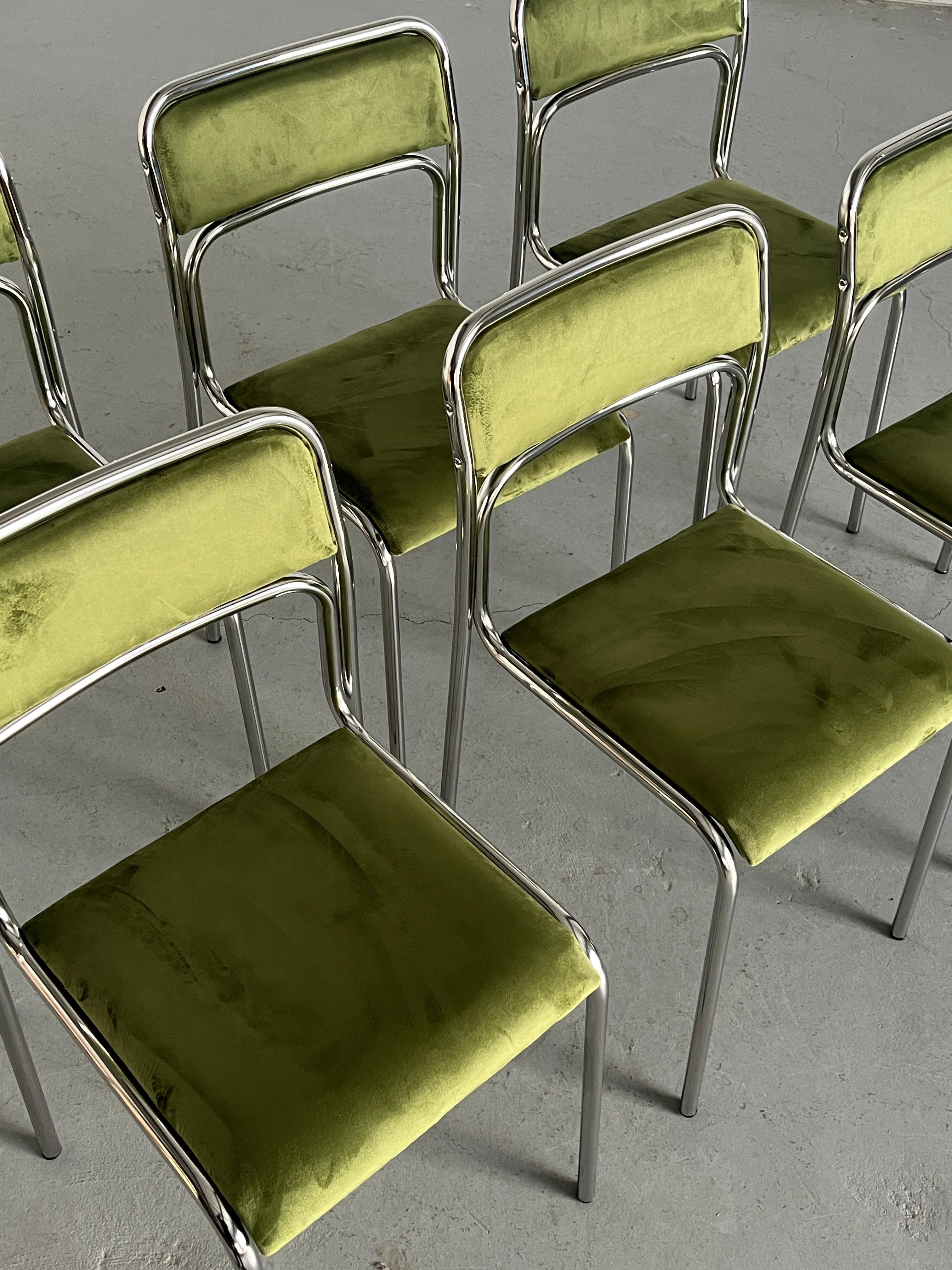 Set von 6 Bauhaus-Chromrohrstahl-Röhren, Bauhaus  Italienische Esstischstühle aus grünem Samt 1