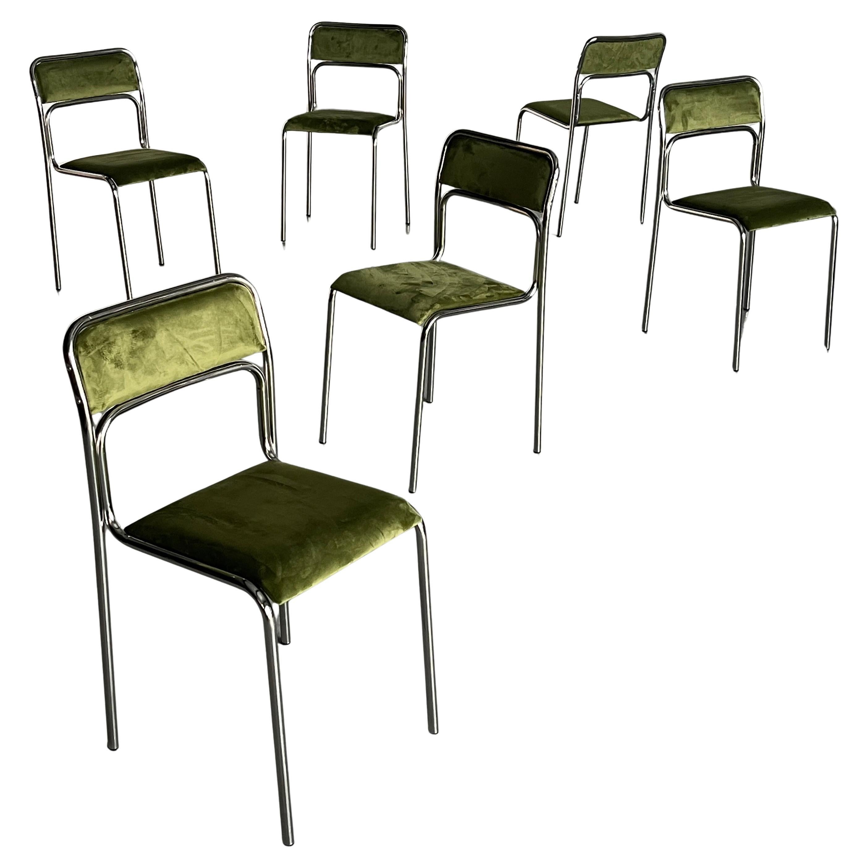 Set von 6 Bauhaus-Chromrohrstahl-Röhren, Bauhaus  Italienische Esstischstühle aus grünem Samt