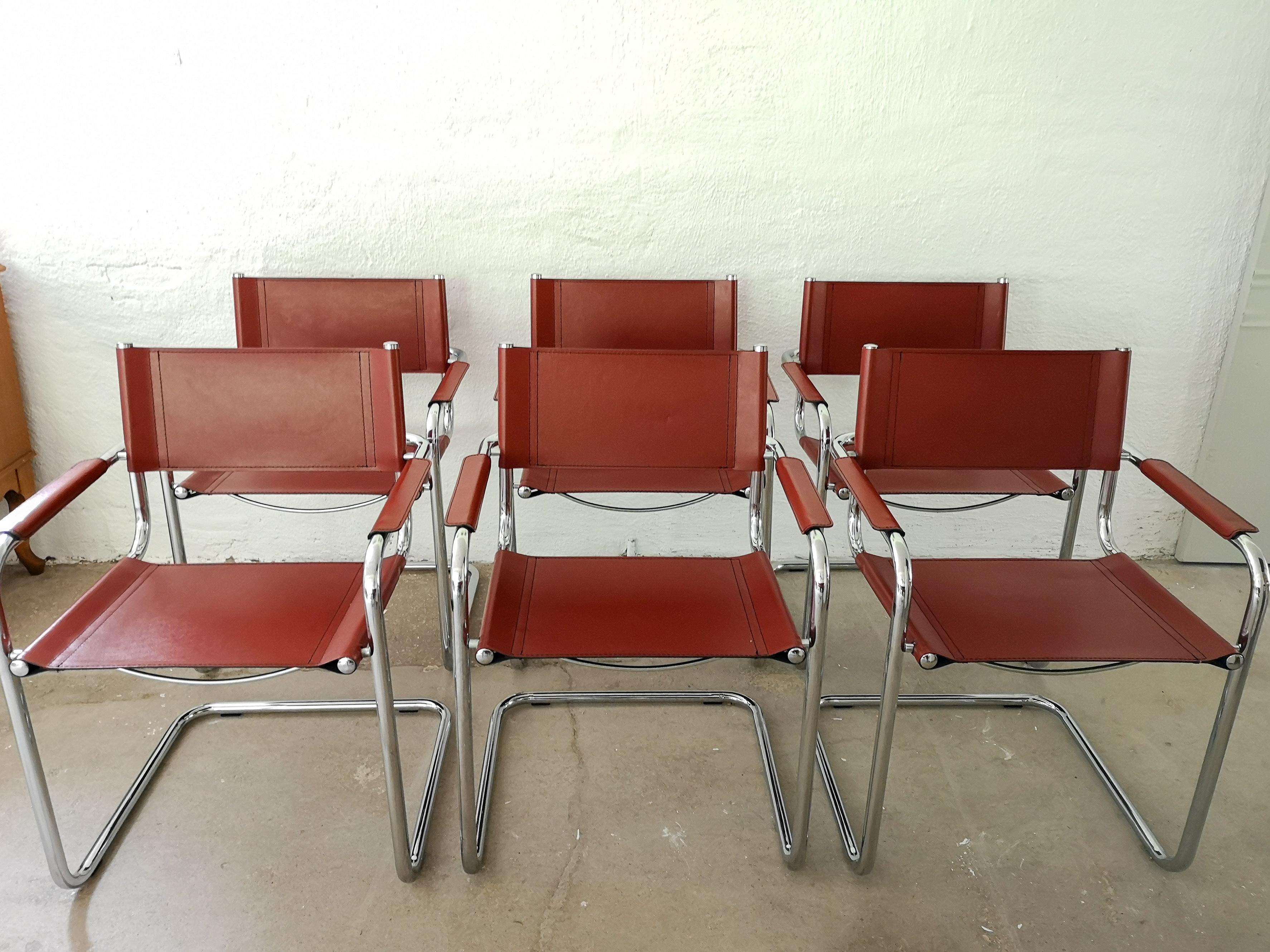 Set of 6 Bauhaus Leather and Chrome Cantilever Chair Inspired by Mart Stam 3