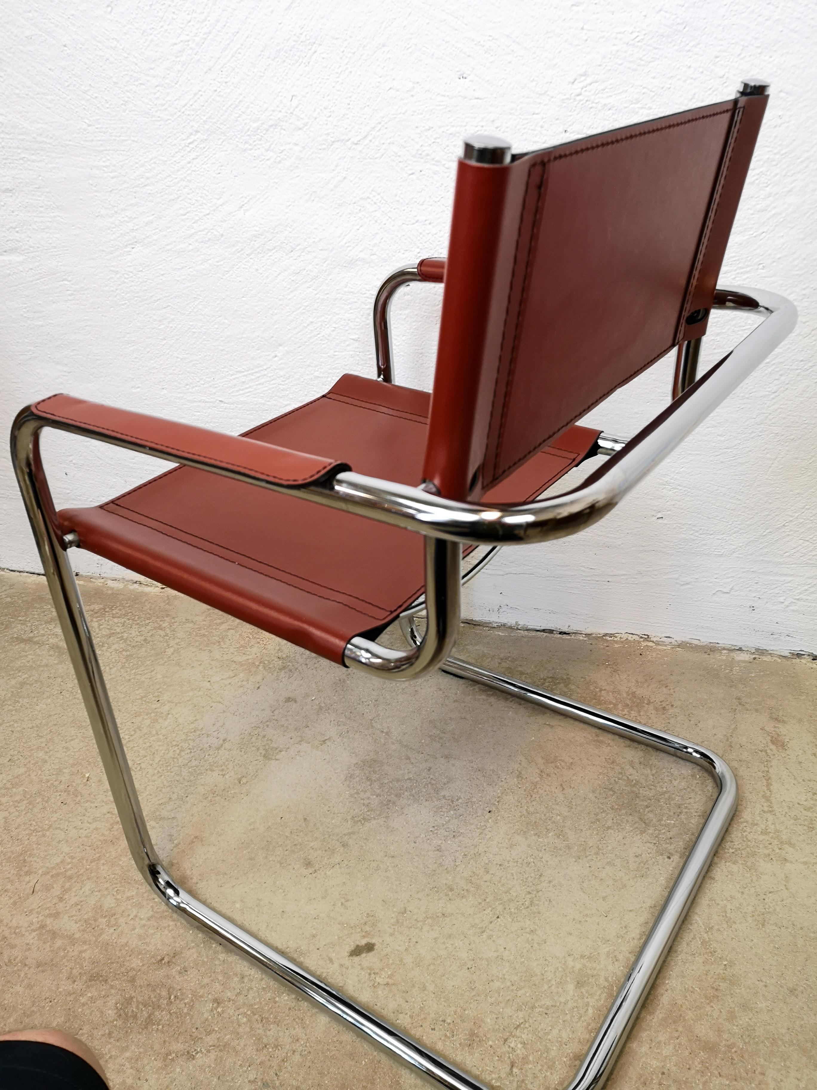 Italian Set of 6 Bauhaus Leather and Chrome Cantilever Chair Inspired by Mart Stam