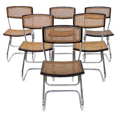 Set of 6 Bauhaus Style Tubular Dining Chairs with Cane Seats, Italy 1970s