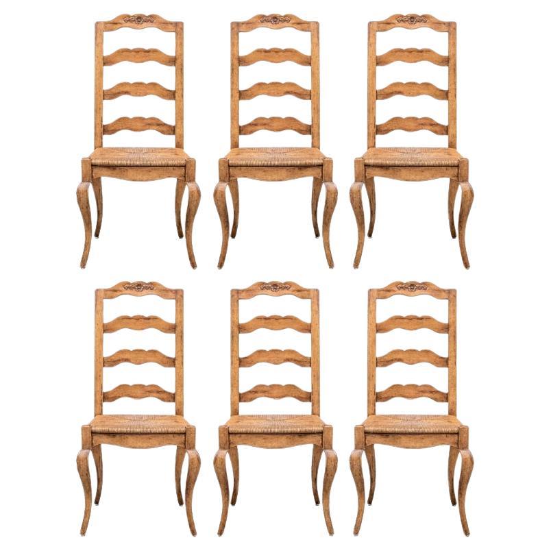 Set di 6 sedie Bausman Country French con schienale a scaletta e sedili in giunco