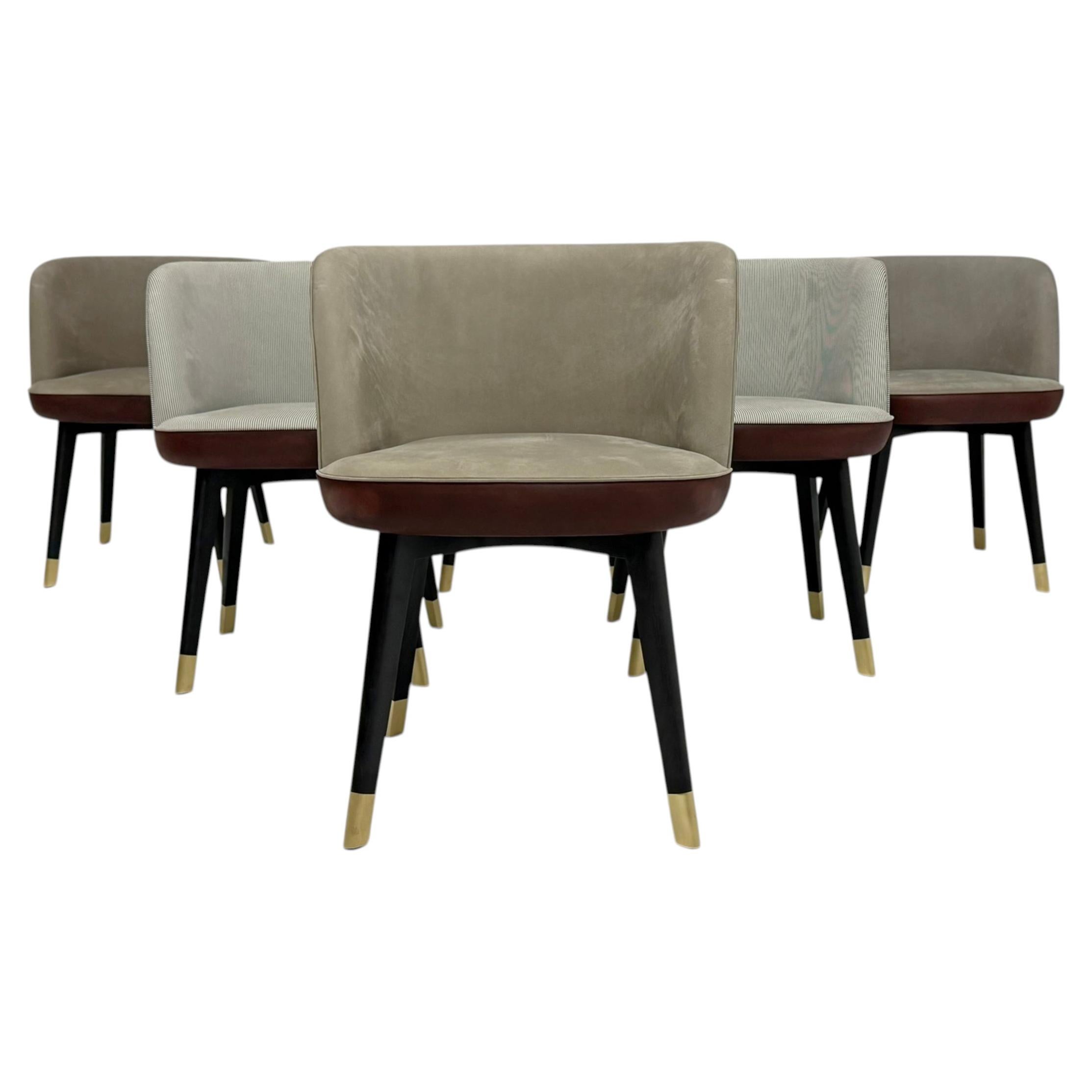 Set of 6 Baxter "Colette" Chairs by Roberto Lazzeroni in Leather Brass For Sale