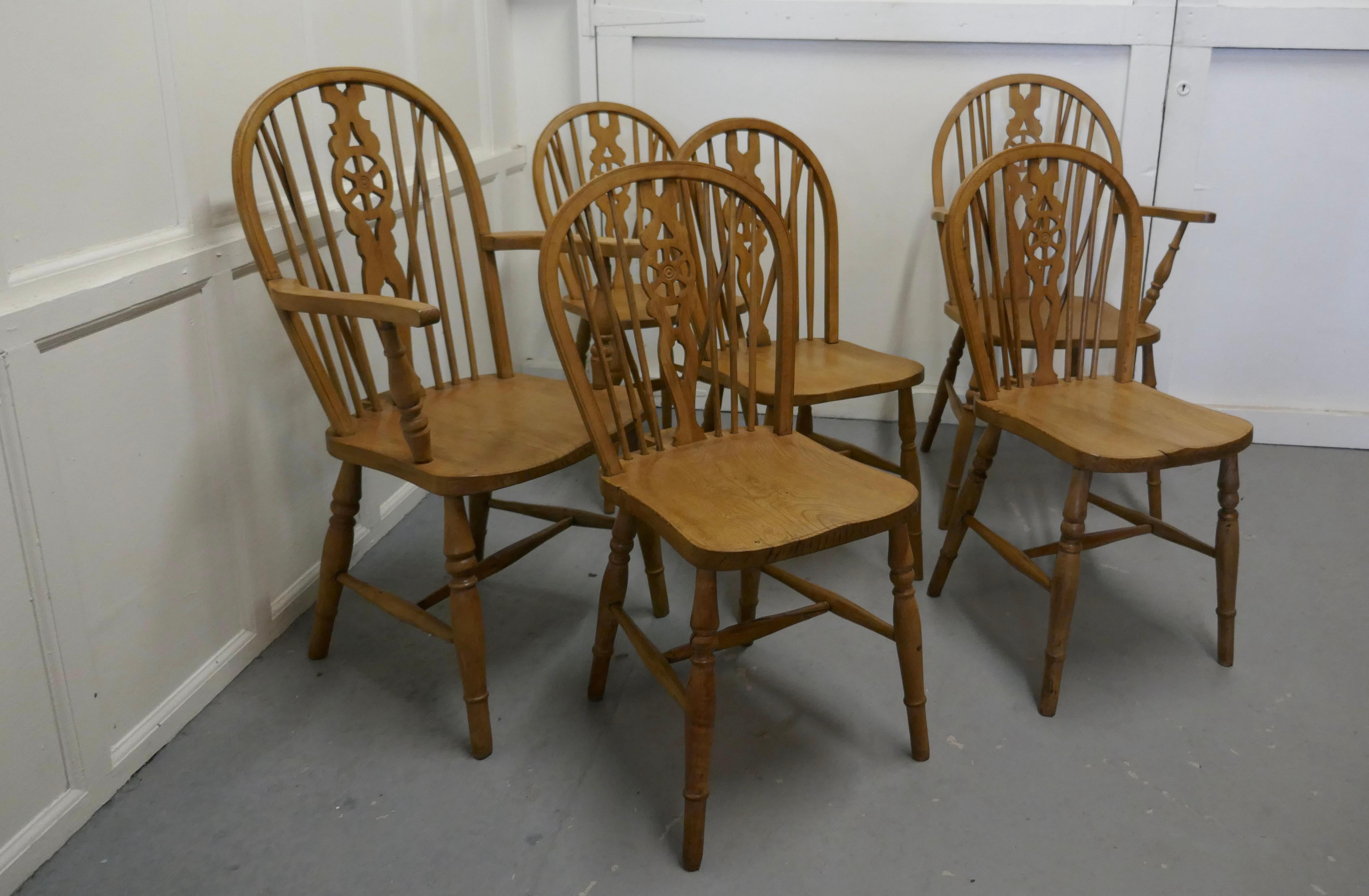 Country Set of 6 Beech & Elm Wheel Back Windsor Kitchen Dining Chairs