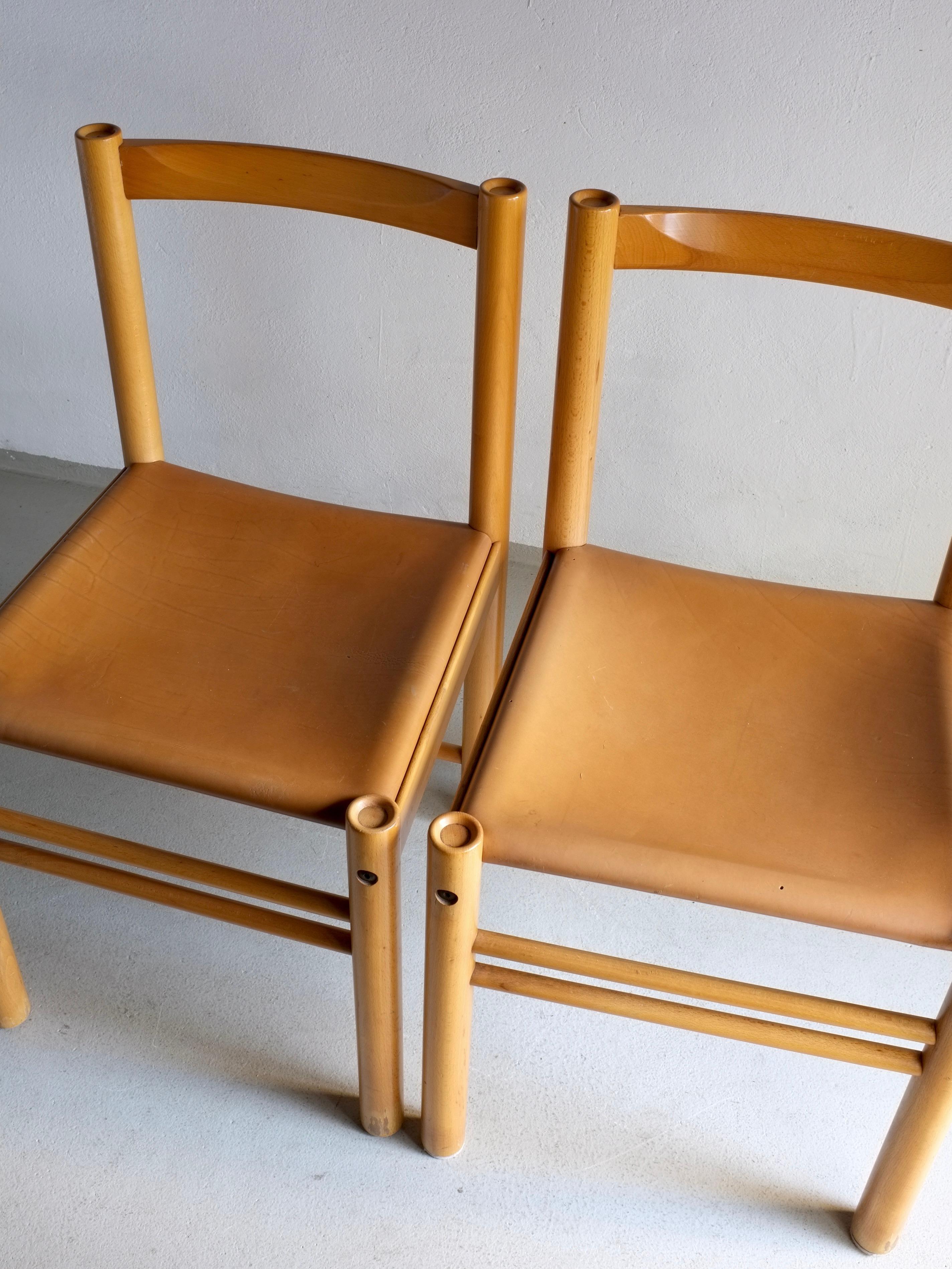 Cuir Ensemble de 6 chaises en bois de hêtre et cuir cognac d'Ibisco, Italie, années 1960 en vente
