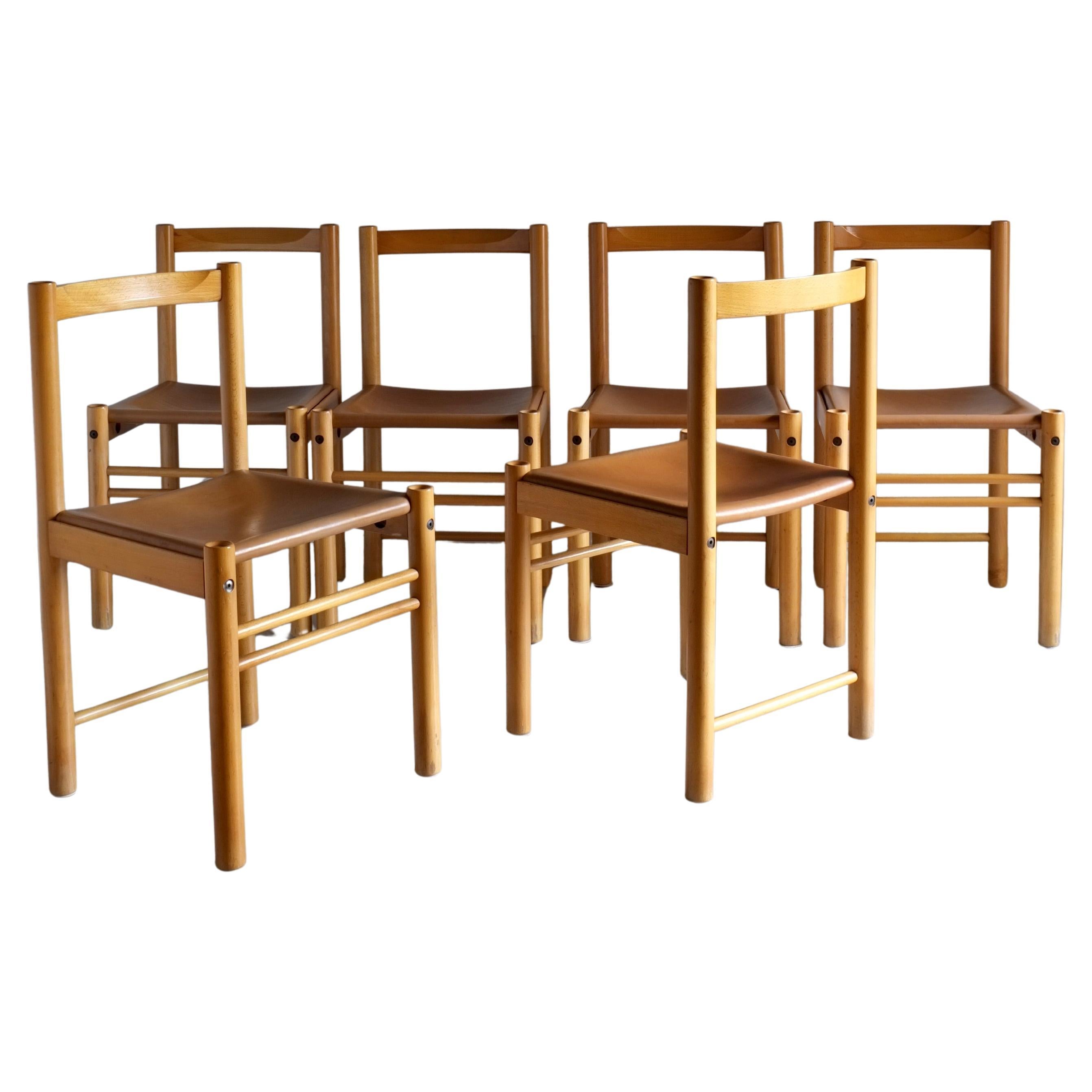 Juego de 6 sillas de madera de haya y cuero coñac de Ibisco, Italia, años 60